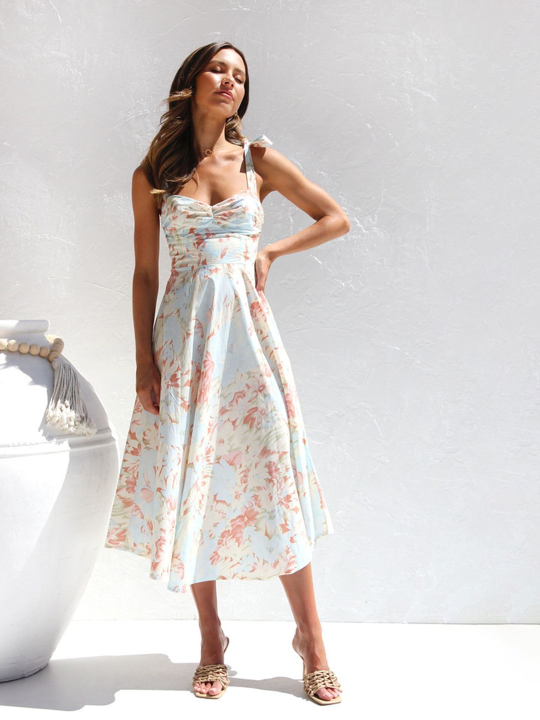 StyleCast White Floral Printed Shoulder Straps Chiffon Fit & Flare Midi Dress-picture-11
