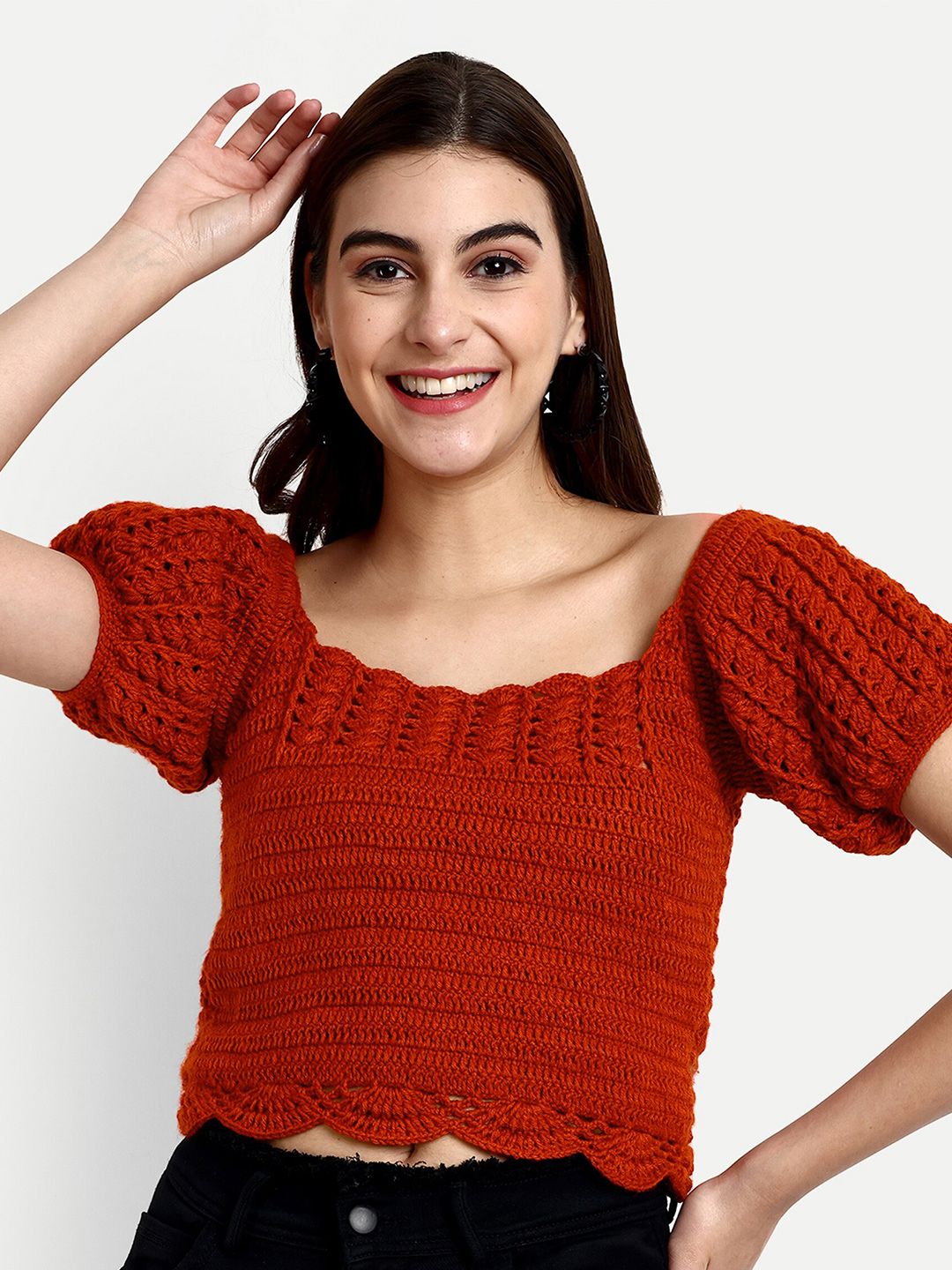 WINDROP SOLUTIONS Open Knit Self Design Acrylic Crop Pullover Sweater-picture-42