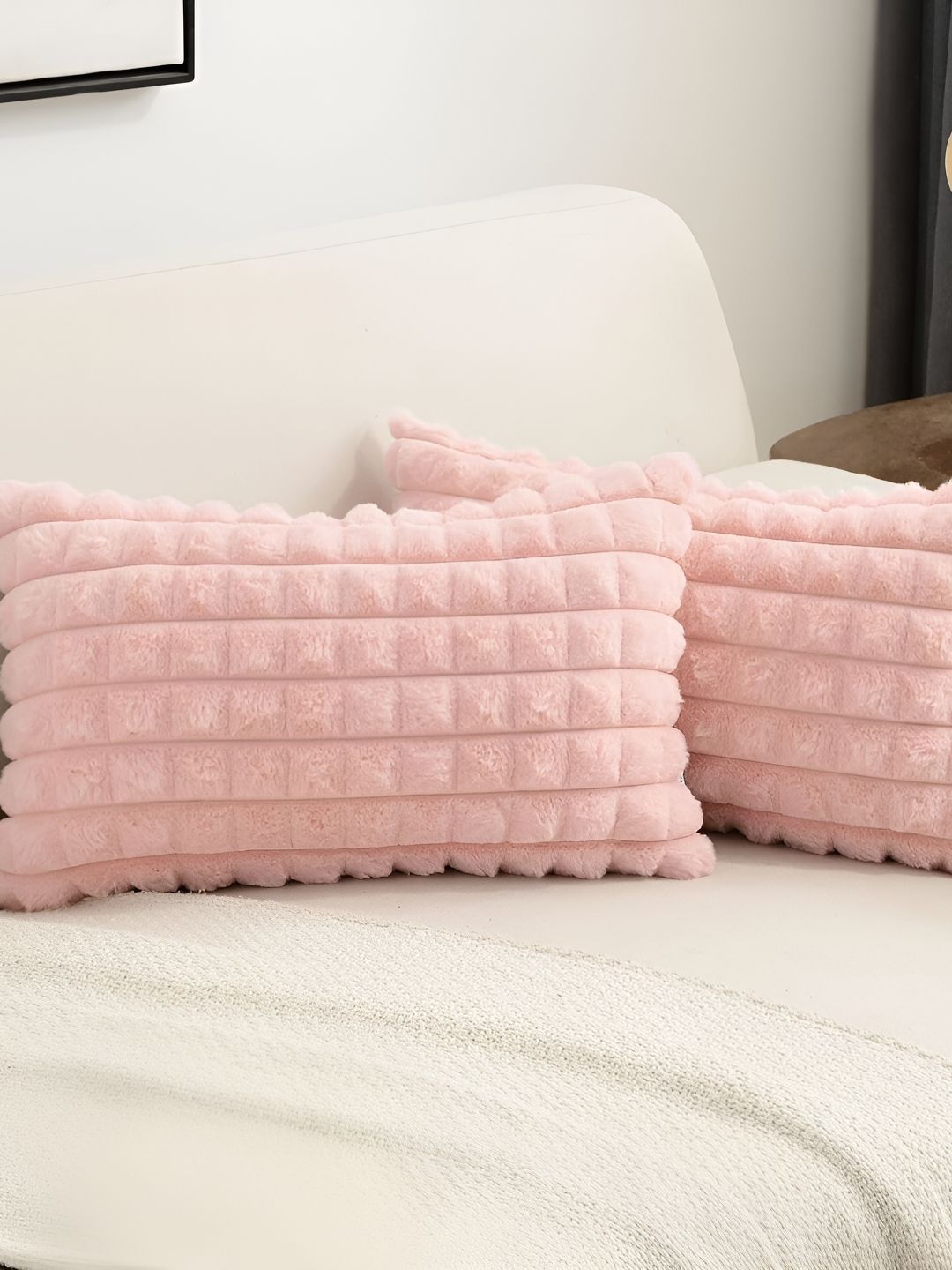 MONKDECOR Pink 2 Pcs Checked Velvet Rectangle Cushion Covers-image-23