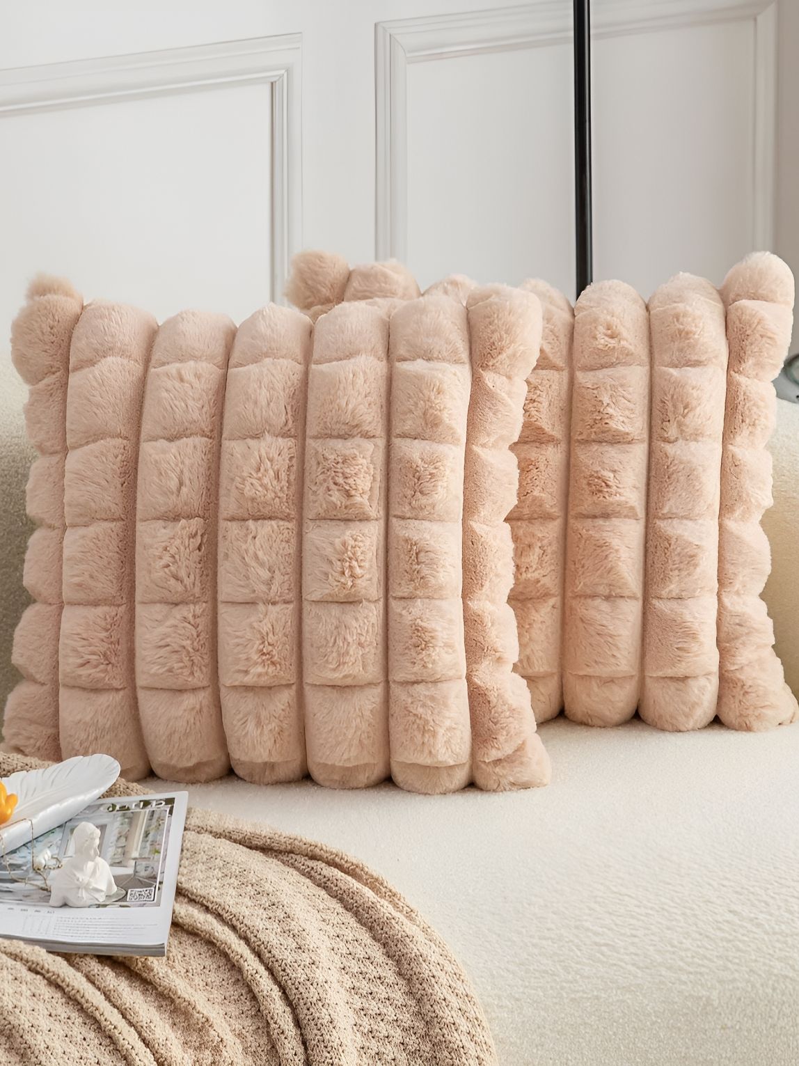 MONKDECOR Beige 2 Pieces Checked Velvet Square Cushion Covers-picture-57
