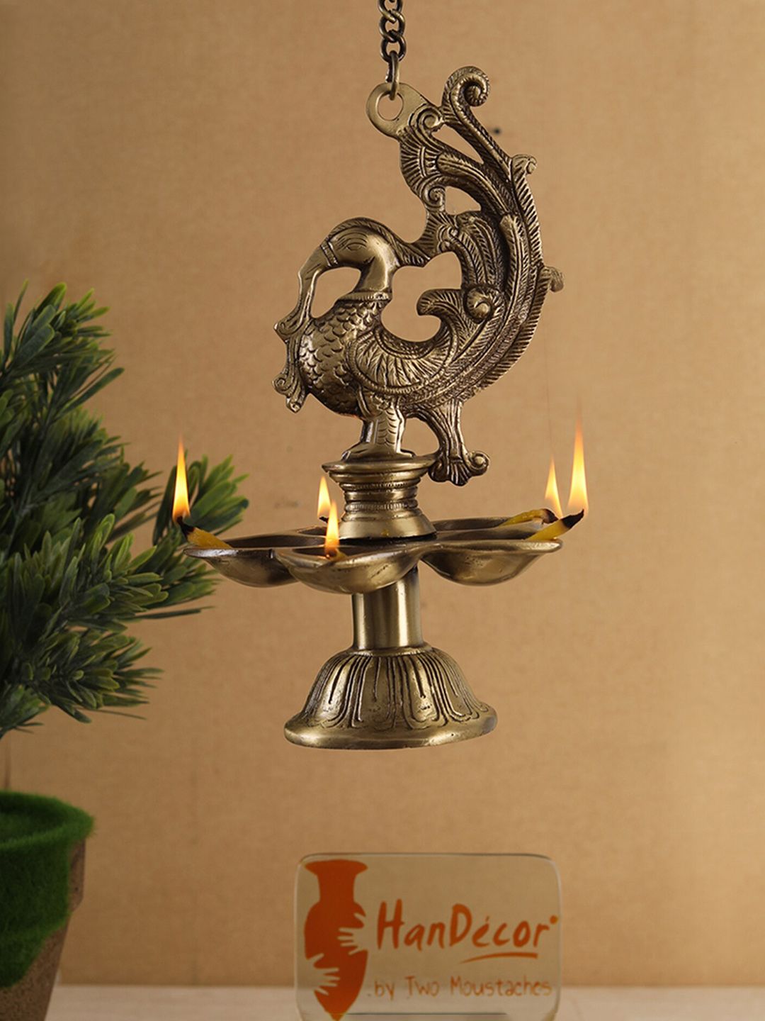 Two Moustaches Brown 5-Wick Brass Oil Lamp Hanging Diya-picture-34