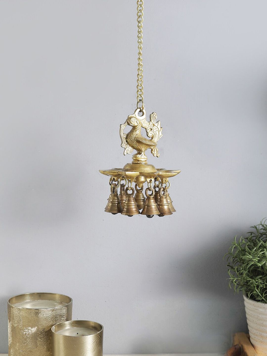 Two Moustaches Brown Peacock Design Brass Hanging Diya with Bells-picture-28