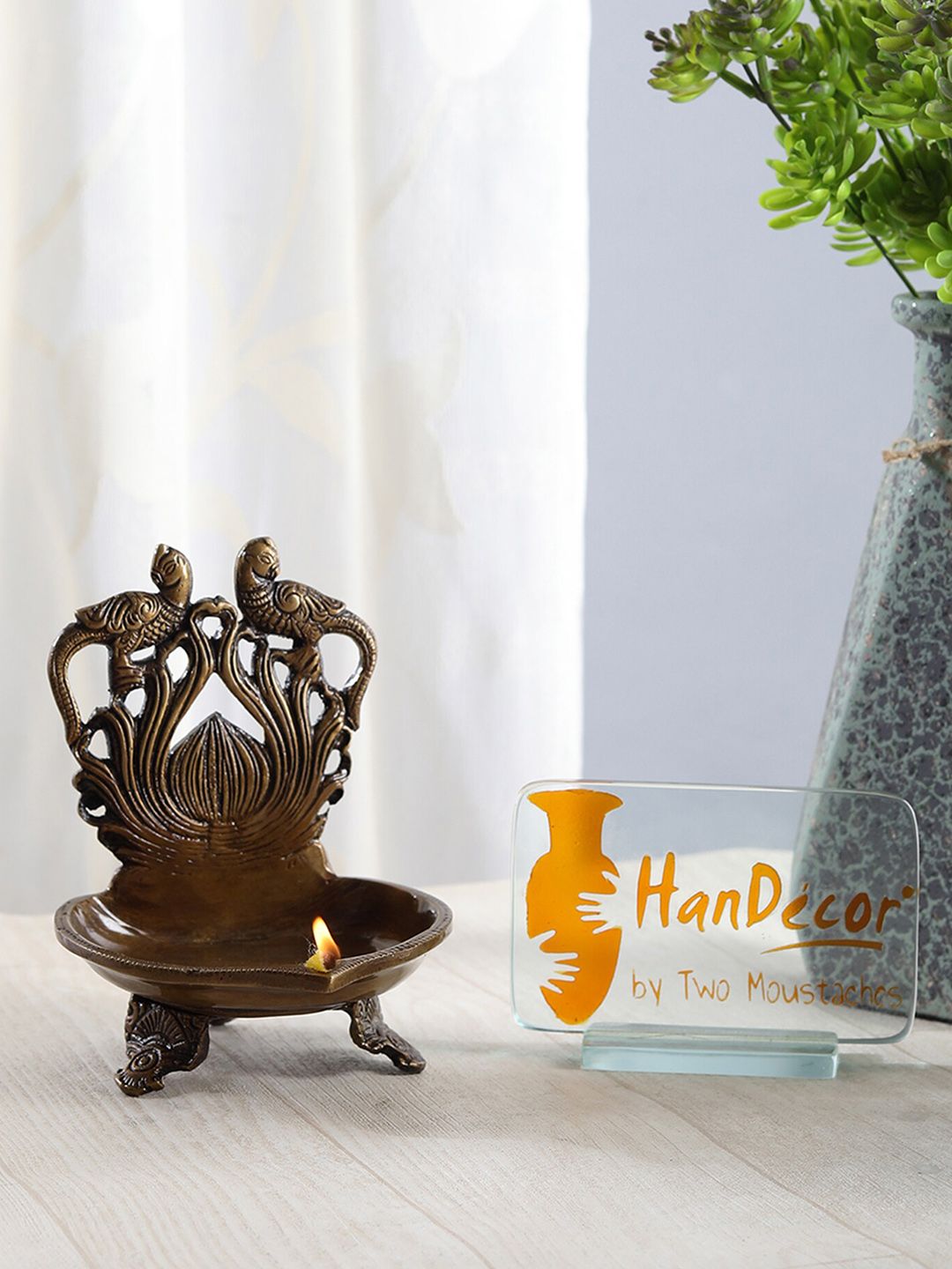 Two Moustaches Brown Brass Twin Peacock Over Carving Table Diya-picture-27