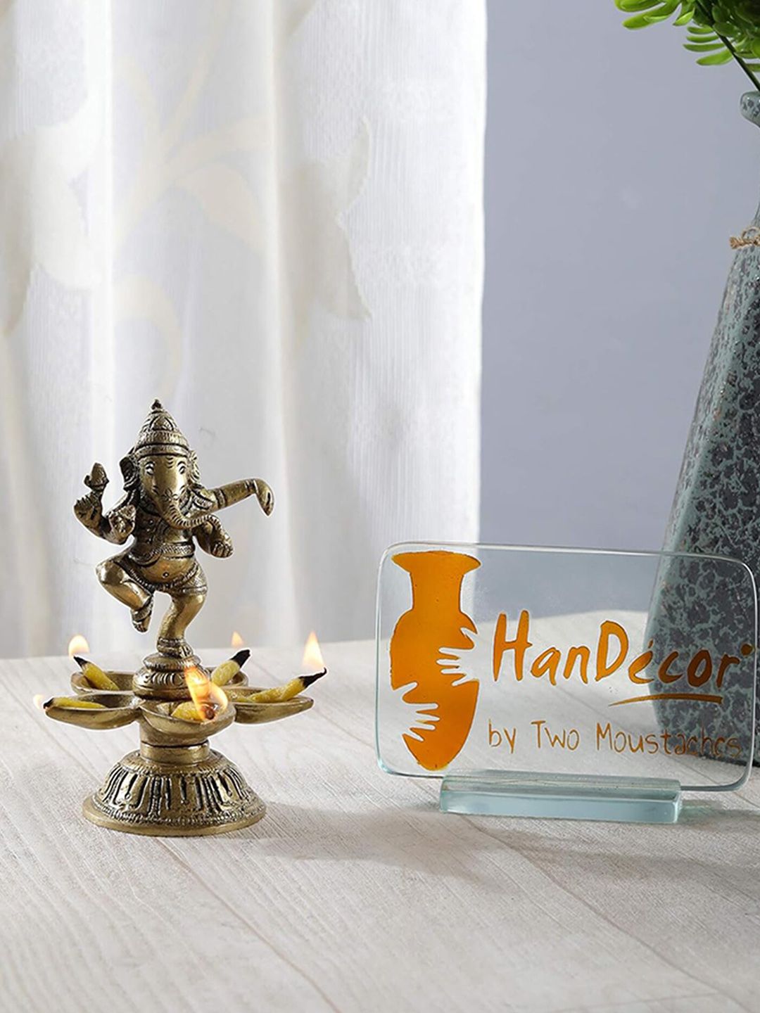 Two Moustaches Brown Brass Ganesha Design Five Oil Wick Diya-picture-24