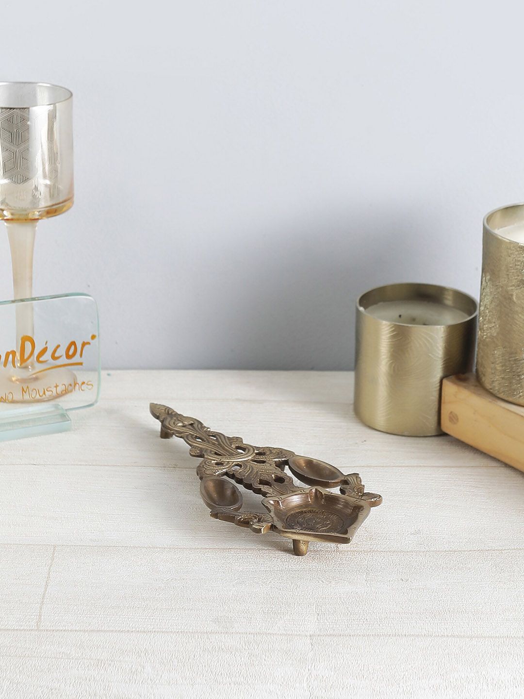 Two Moustaches Brown Textured Peacock Design Brass Aarti Spoon-picture-21