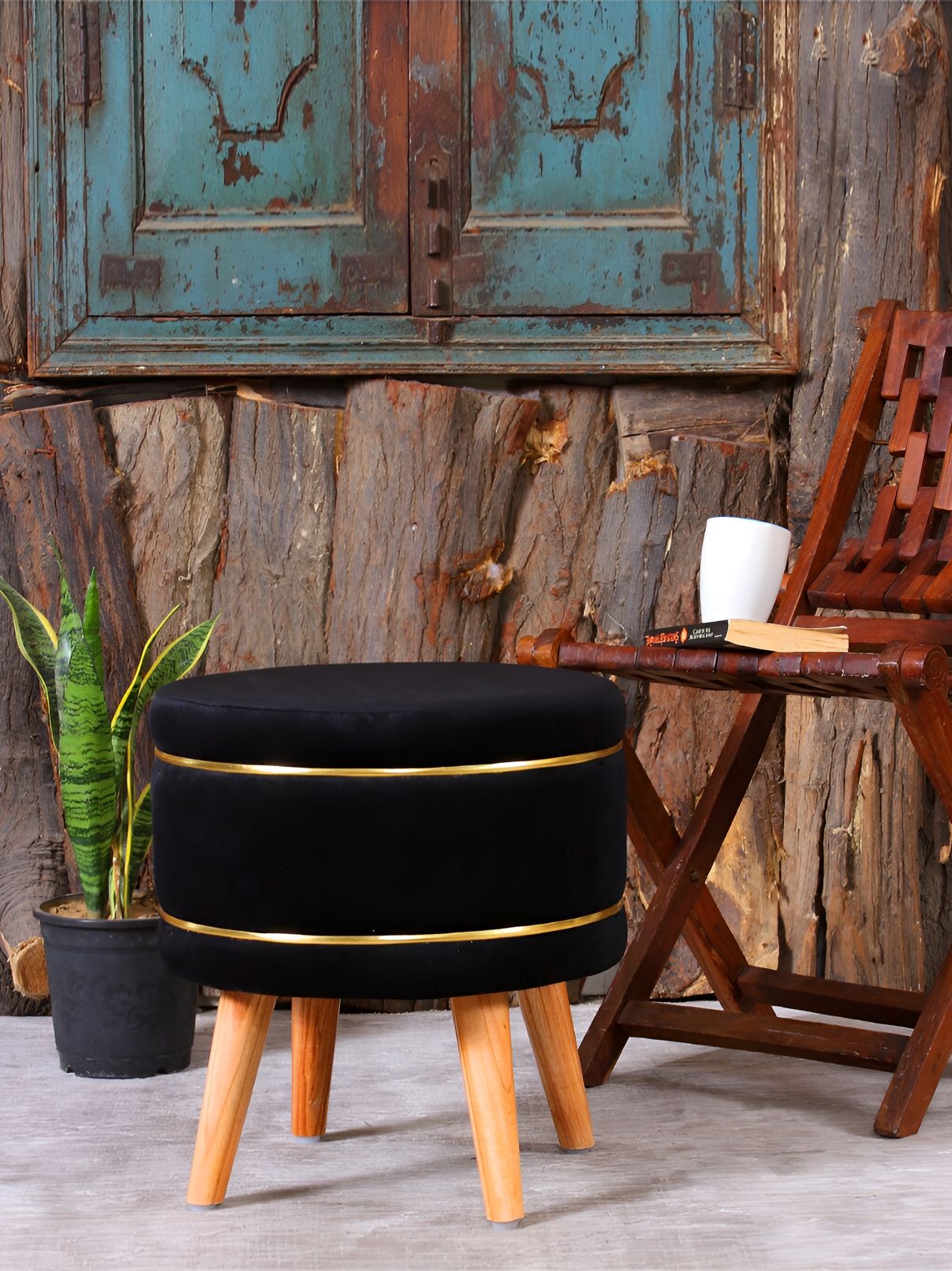 Shadowkart Black Velvet & Wooden Cylindrical Ottoman-image-14