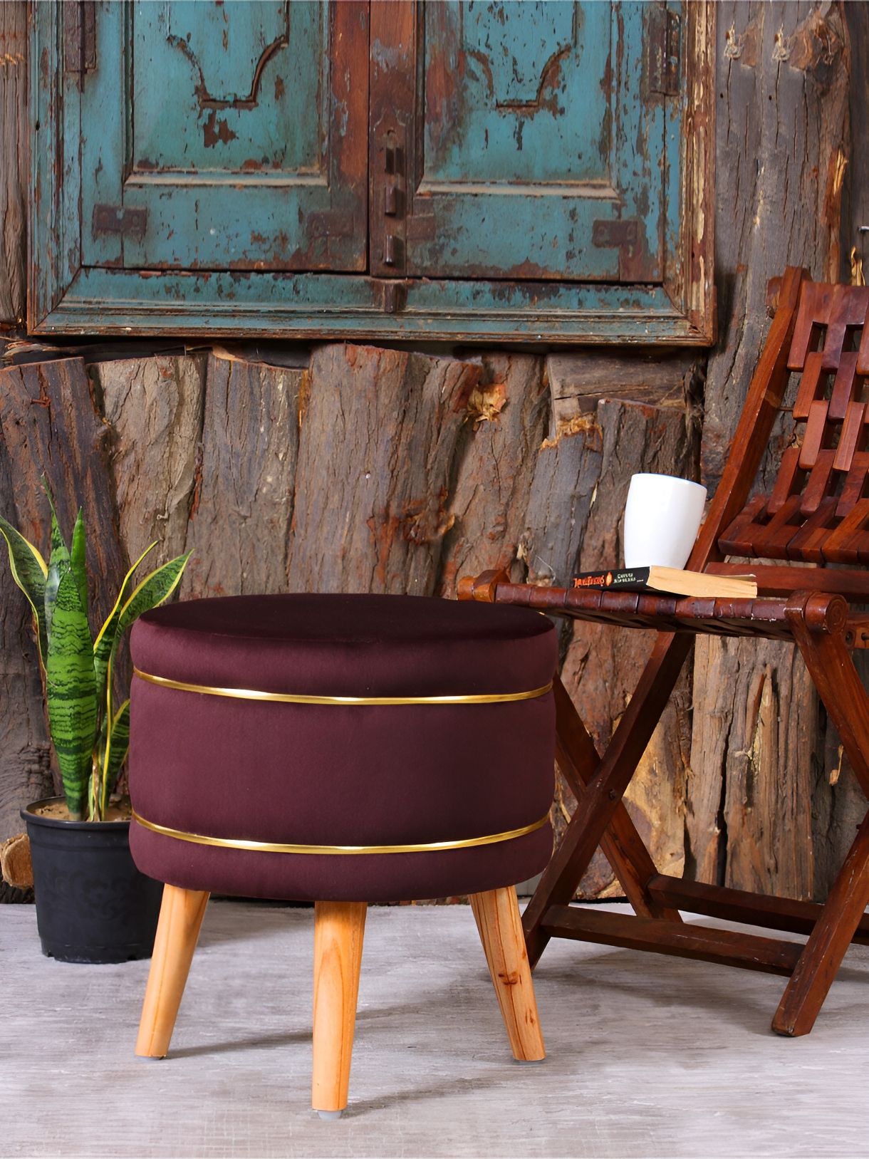 Shadowkart Coffee Brown Velvet & Wooden Round Ottoman-picture-25