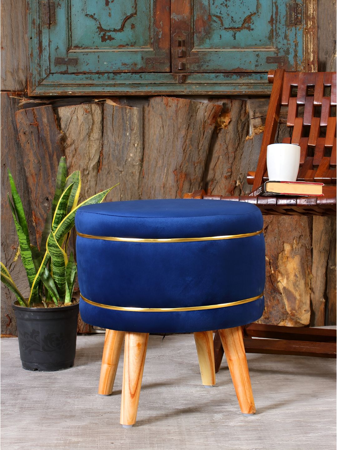 Shadowkart Blue Velvet & Wooden Round Ottoman-picture-16