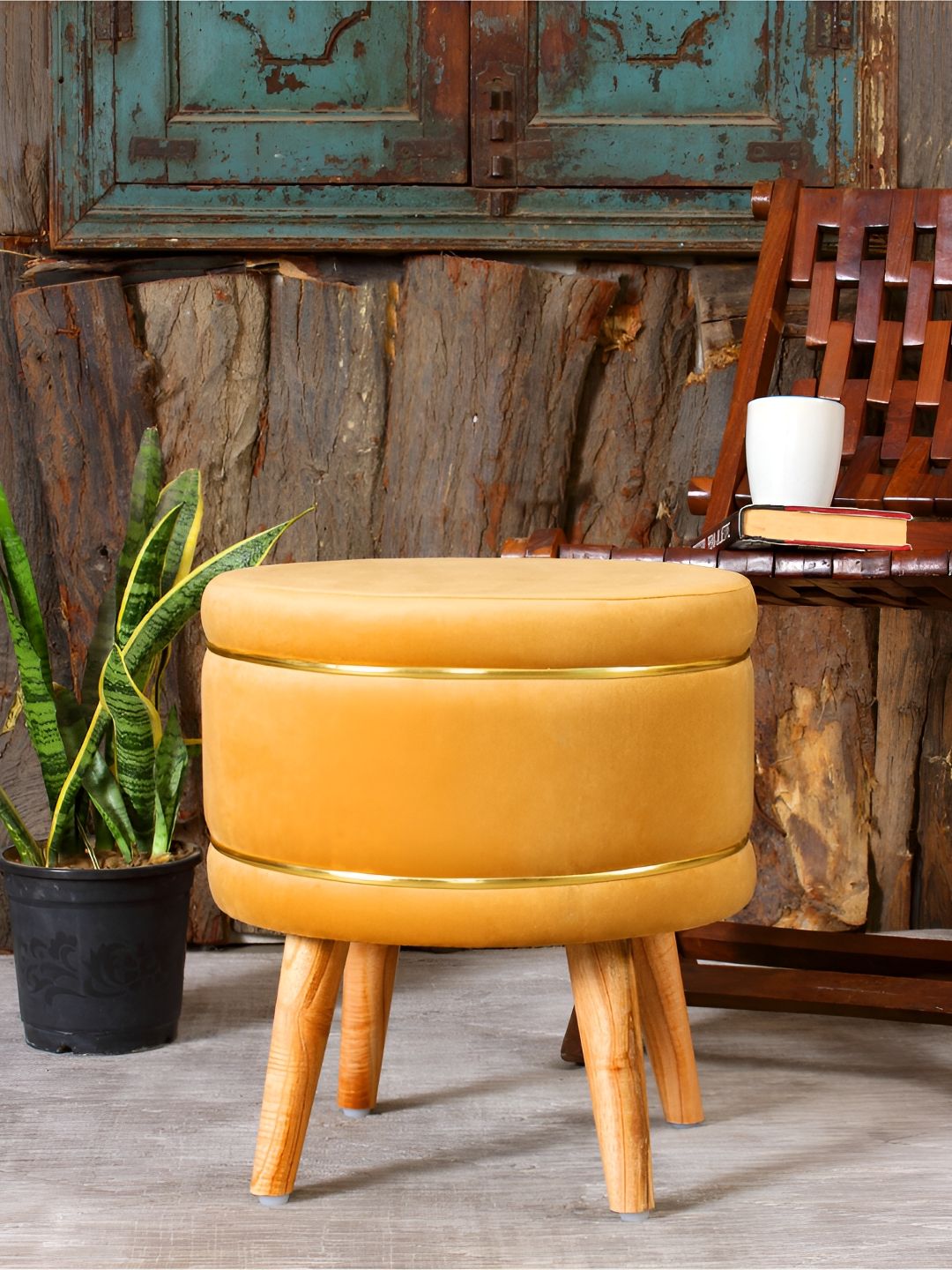 Shadowkart Beige Cylindrical Wooden Ottoman-picture-12