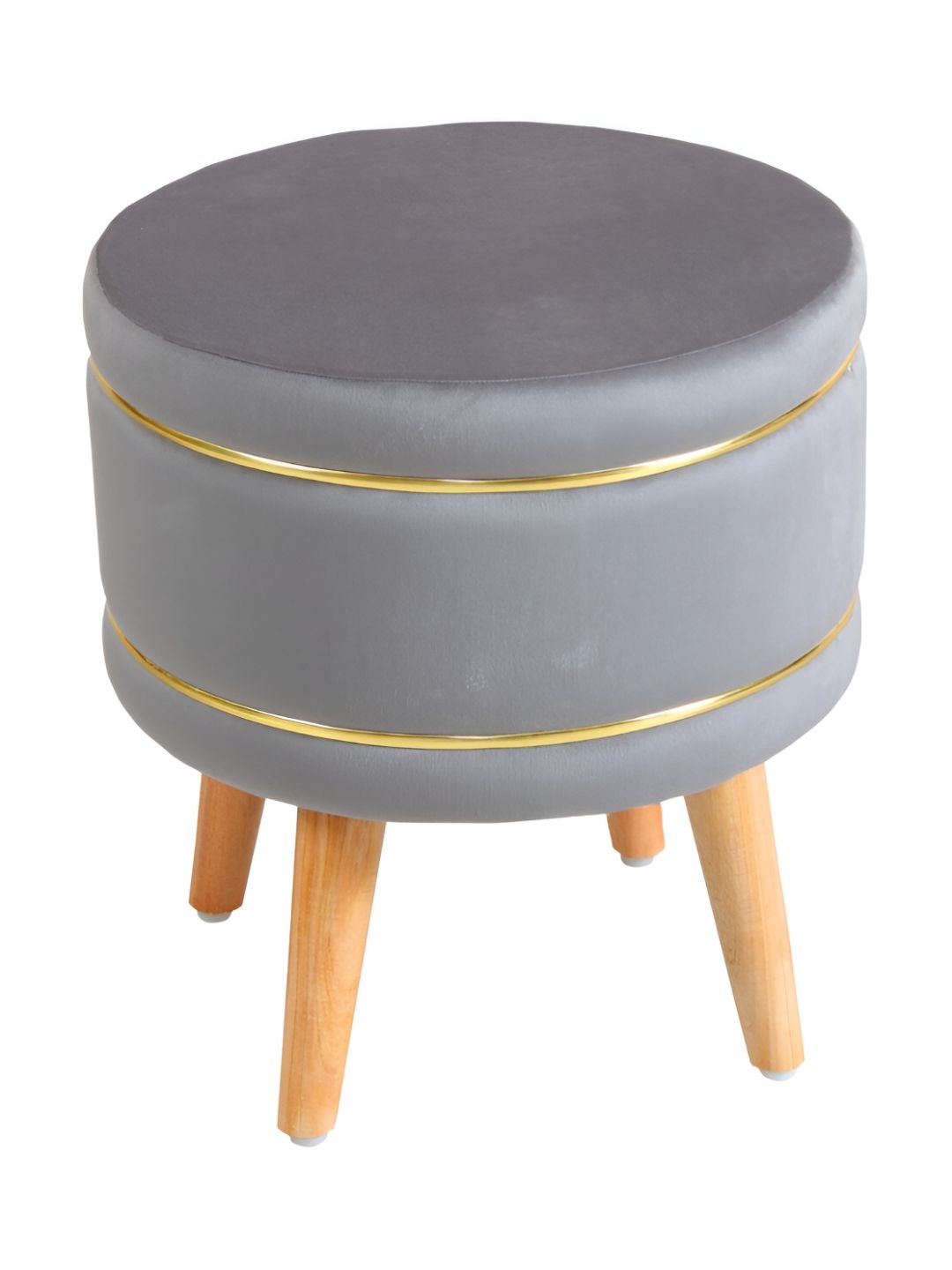 Shadowkart Grey Velvet & Wooden Round Ottoman-image-35