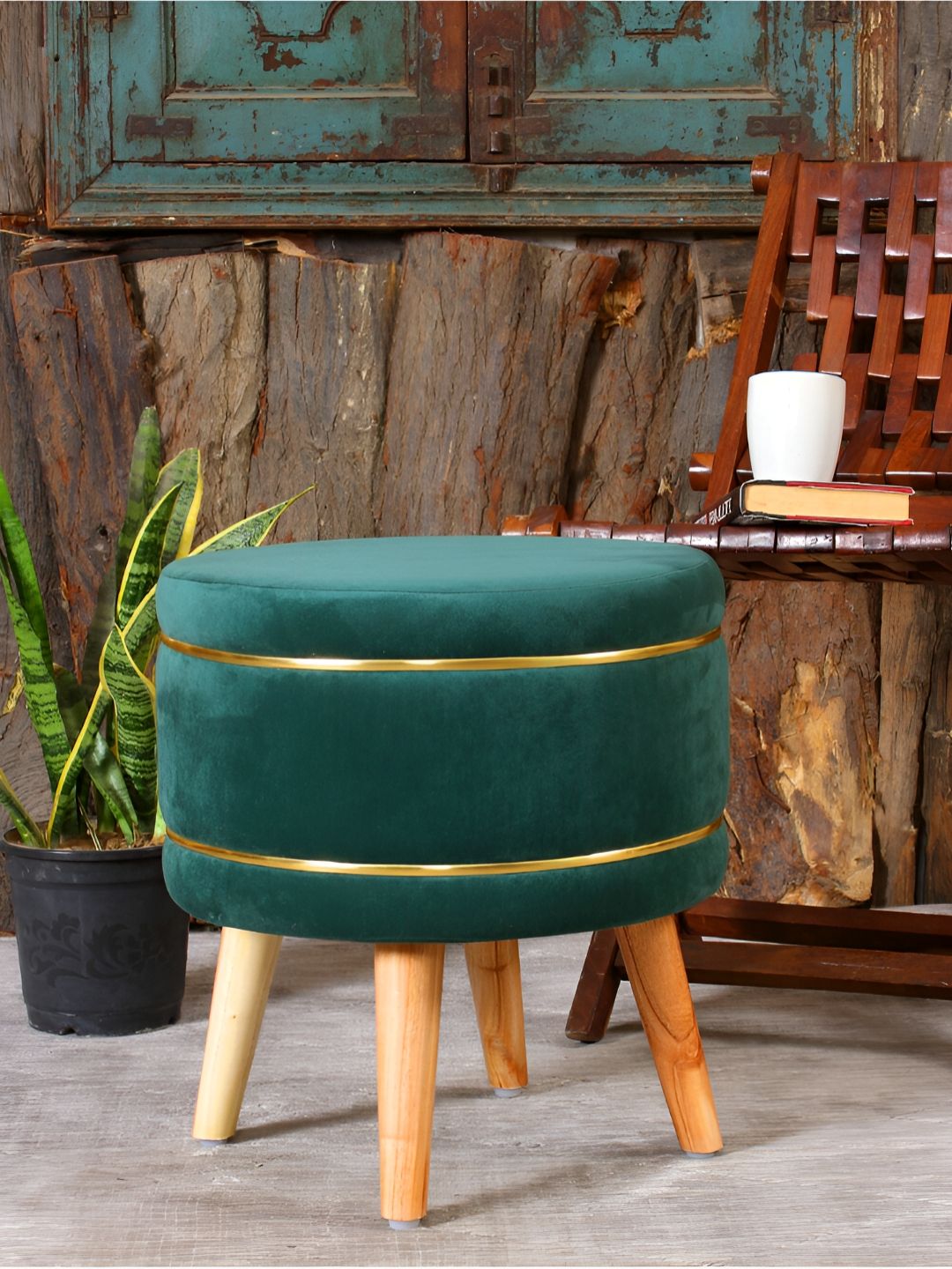 Shadowkart Green Velvet & Wooden Round Ottoman-image-3