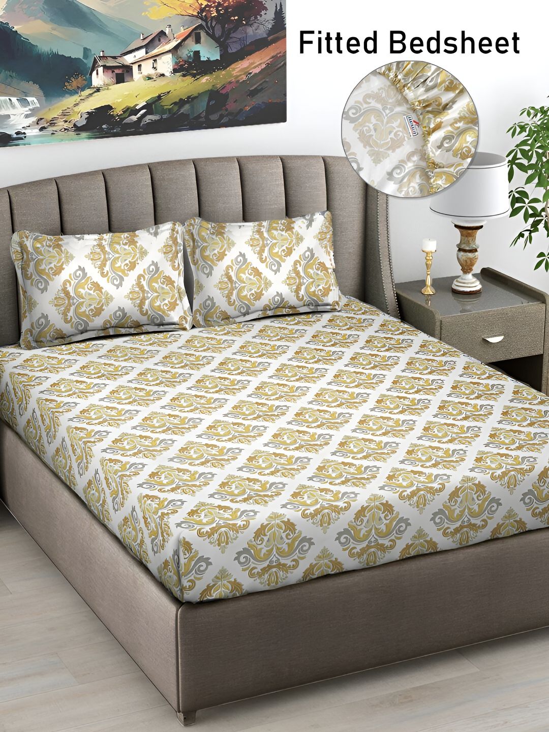FABINALIV Ethnic Motifs Print 300 TC Fitted King Bedsheet With 2 Pillow Covers-image-46