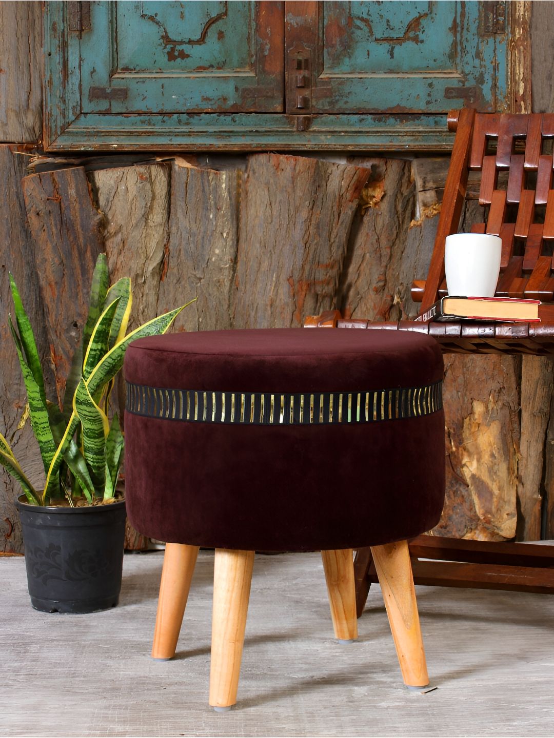 Shadowkart Coffee Brown Velvet & Wooden Round Ottoman-image-47