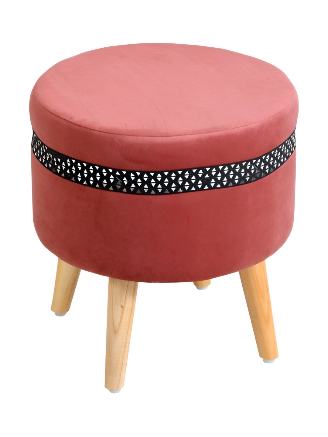 Shadowkart Peach-colored Velvet & Wooden Round Ottoman-image-46