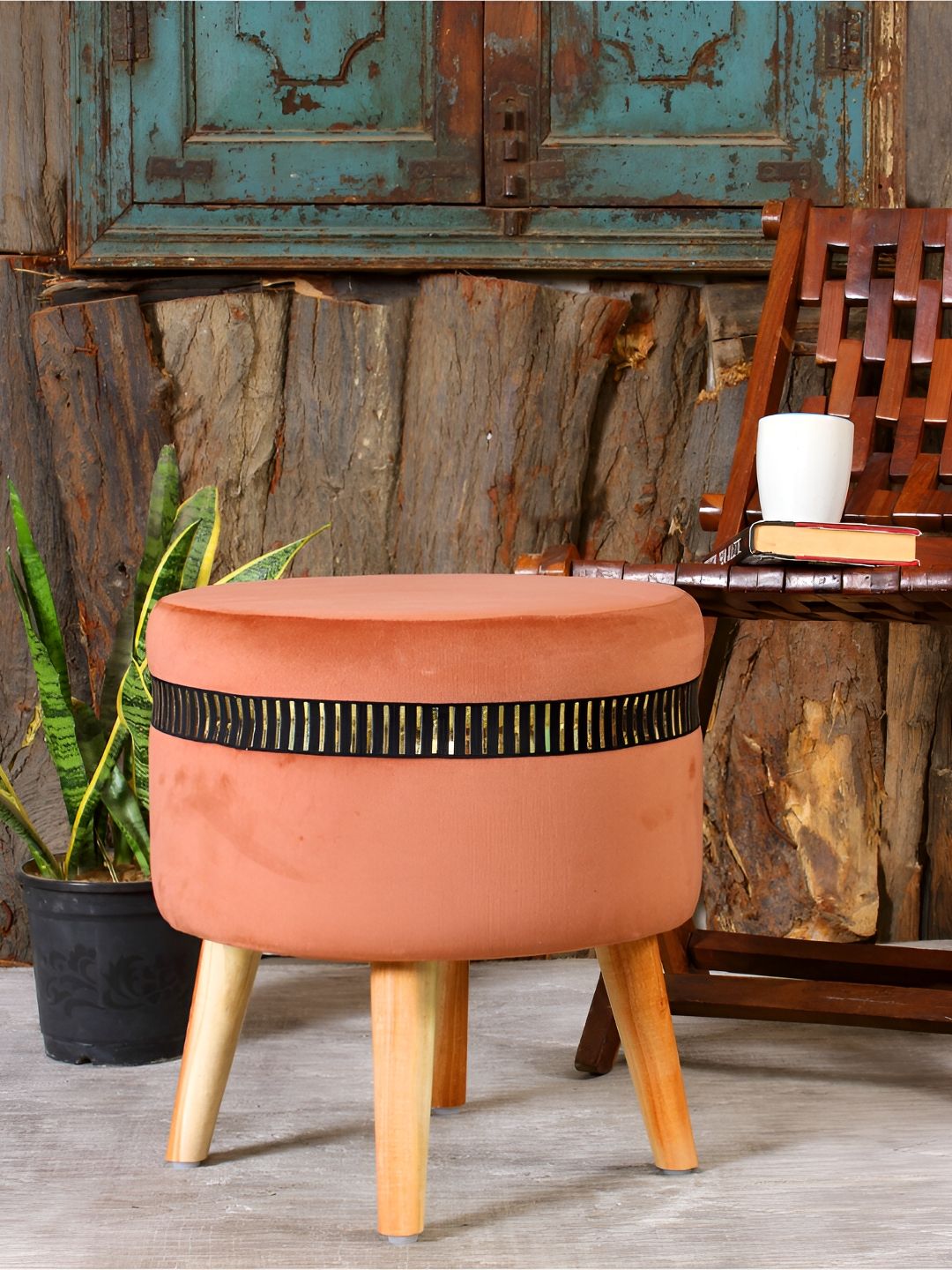 Shadowkart Peach-colored Velvet & Wooden Round Ottoman-image-45