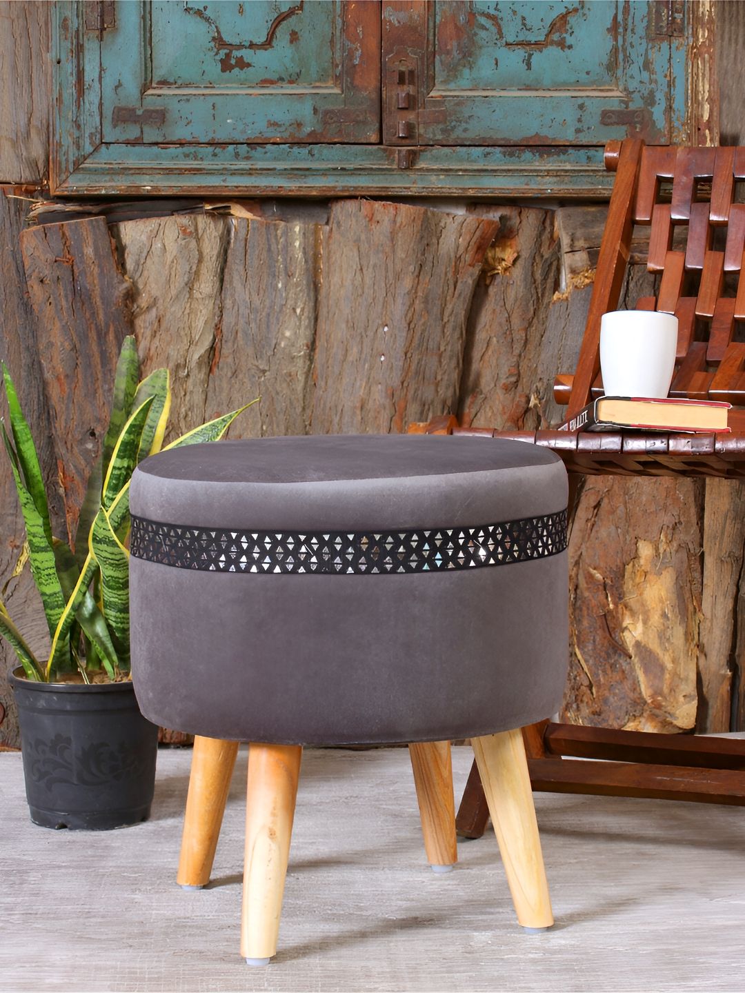 Shadowkart Grey Velvet & Wooden Round Ottoman-picture-39