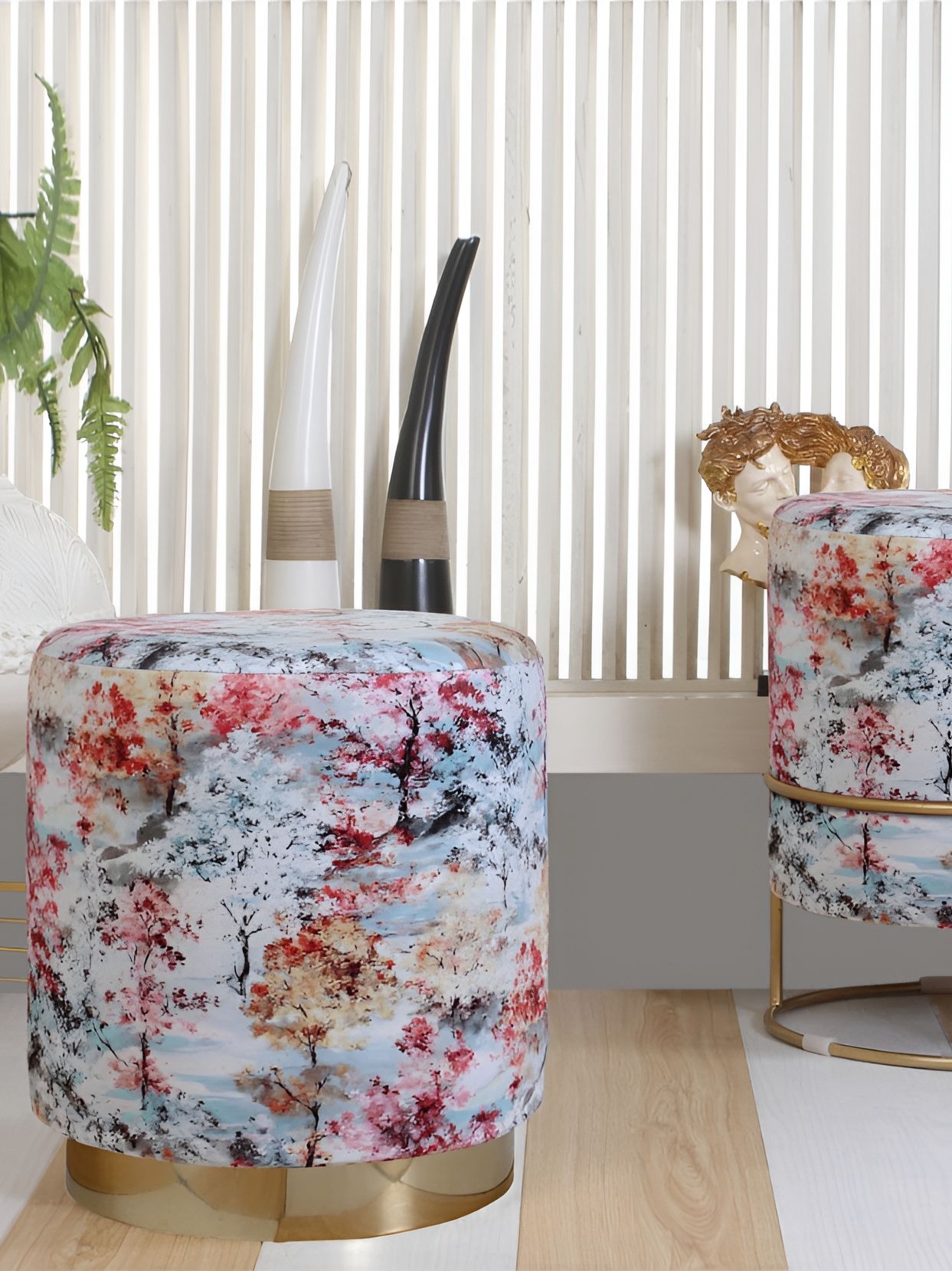Shadowkart White & Blue Floral Printed Wooden Cylindrical Ottoman-picture-21