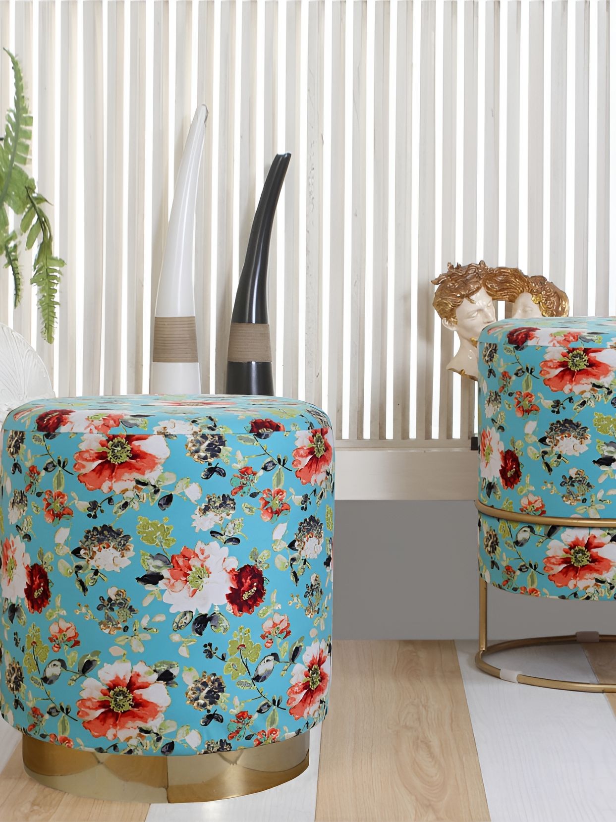 Shadowkart Blue & pink Floral Printed Wooden Pouffes Sitting Mudda Ottomans-picture-14