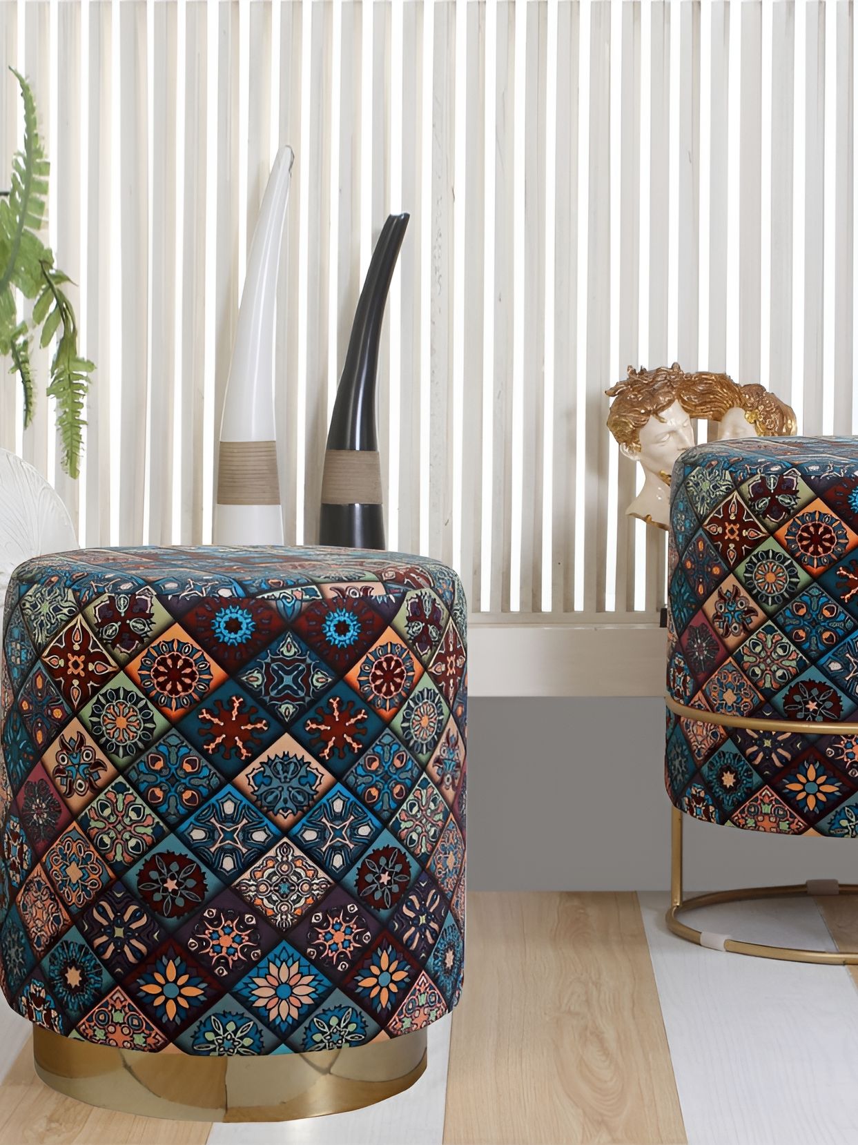 Shadowkart Blue & Maroon Ethnic Motifs Printed Wooden Cylindrical Ottomans-picture-10