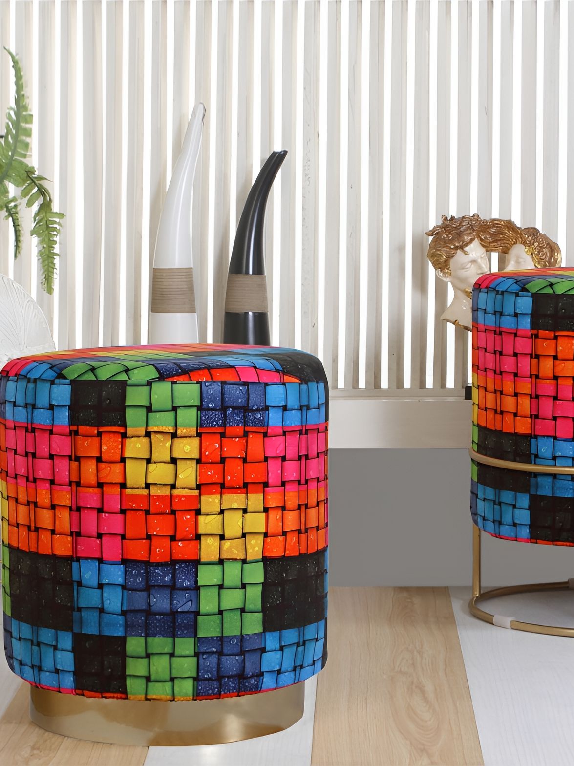 Shadowkart Red & Blue Checked Wooden Pouffes Sitting Mudda Ottomans-picture-13