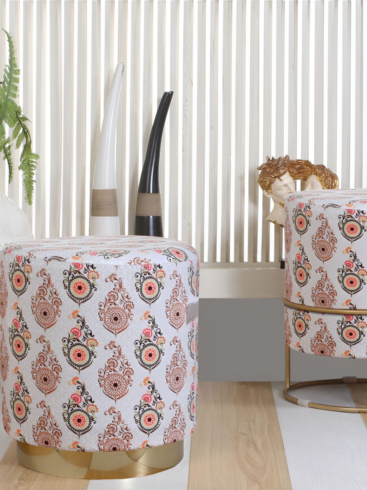 Shadowkart White & Orange Wooden Pouffes Sitting Mudda Ottomans-picture-25