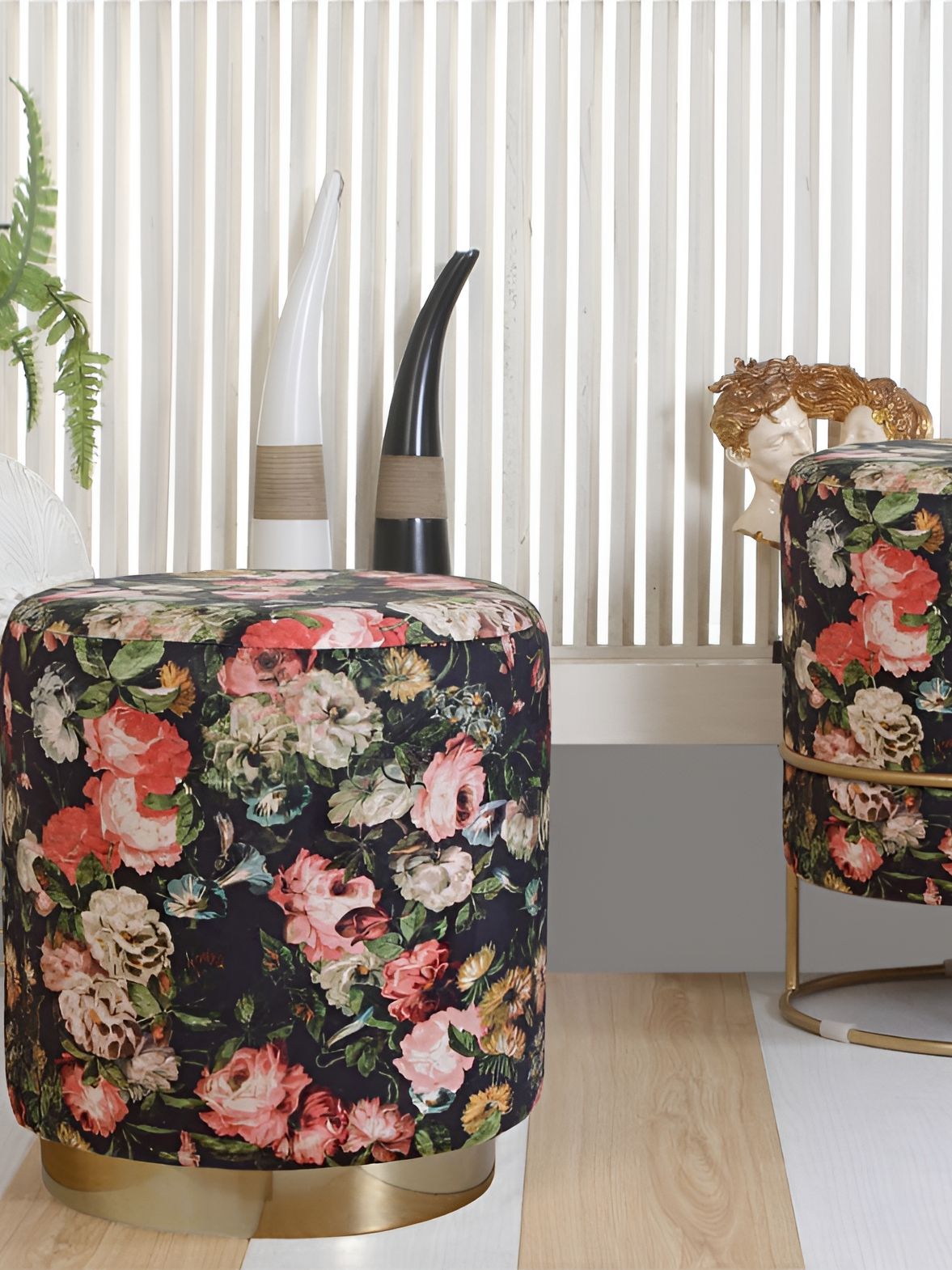 Shadowkart Green & Pink Floral Printed Wooden Pouffes Sitting Mudda Ottomans-image-47