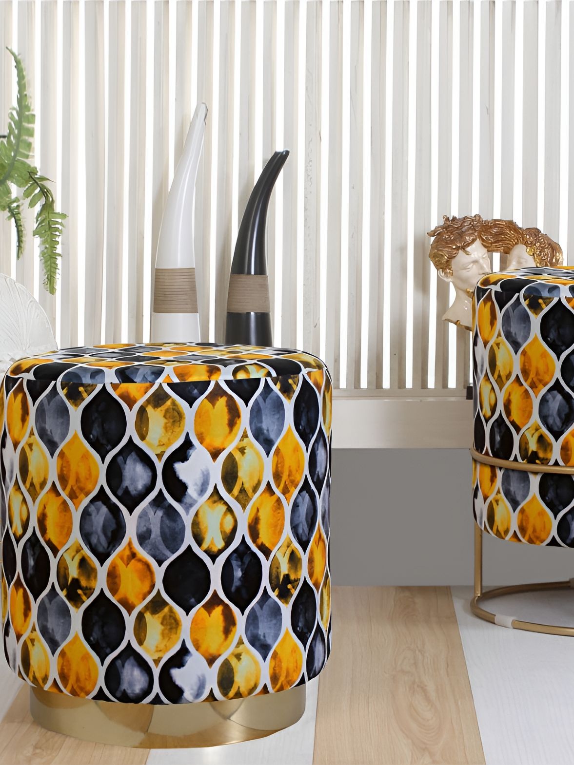 Shadowkart Black & Yellow Abstract Printed Wooden Cylindrical Ottomans-image-44