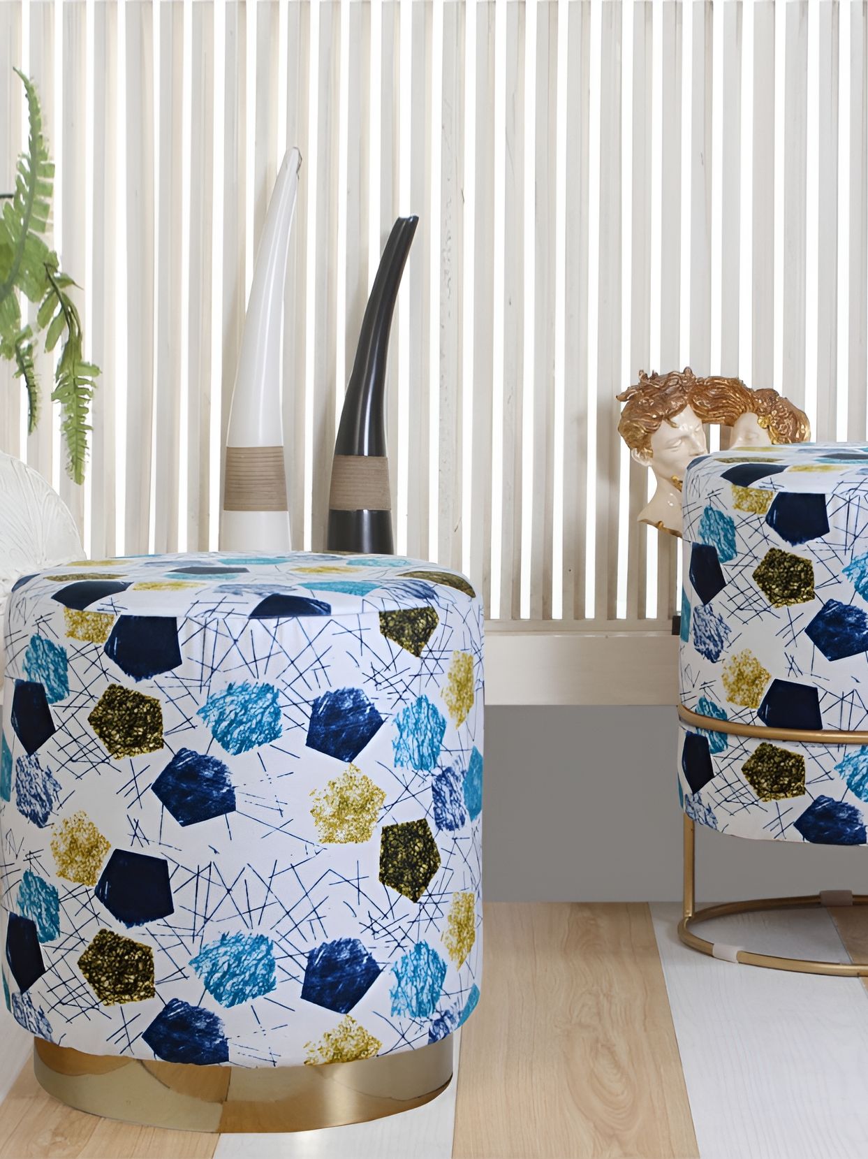 Shadowkart White & Blue Abstract Printed Wooden Pouffes Sitting Mudda Ottomans-picture-20