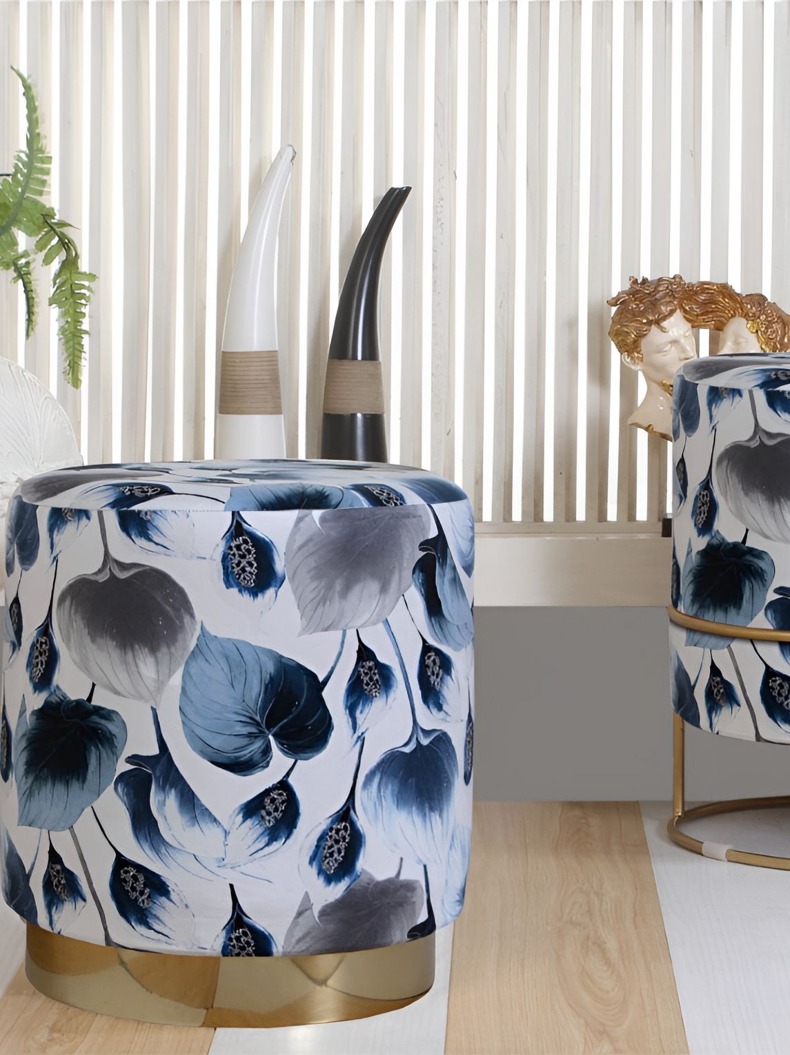 Shadowkart White & Blue Floral Printed Wooden Pouffes Sitting Mudda Ottomans-picture-19