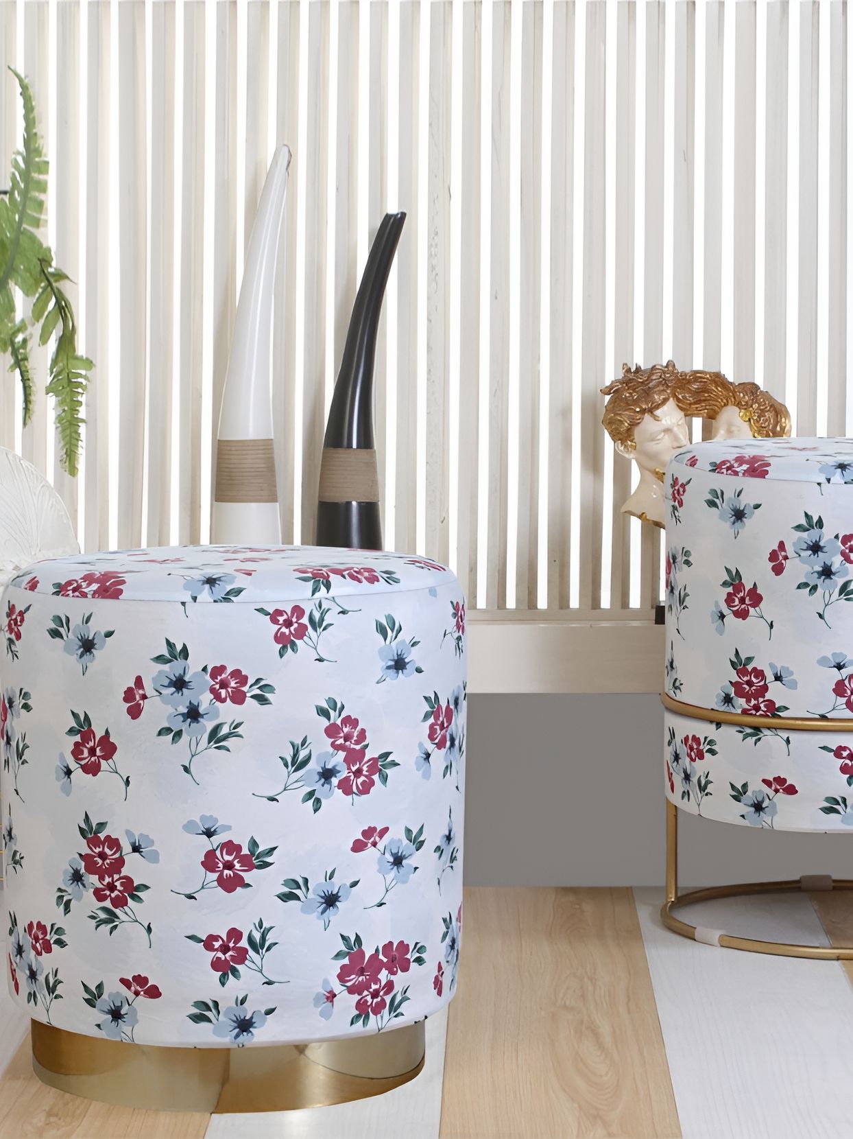 Shadowkart White & Pink Floral Printed Wooden Pouffes Sitting Mudda Ottomans-picture-26
