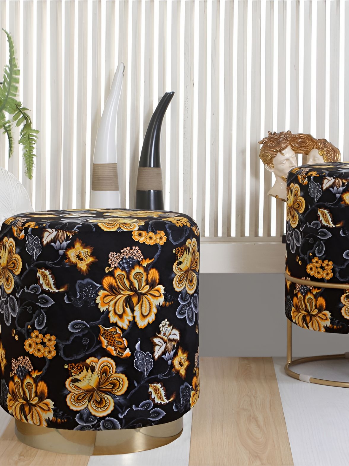 Shadowkart Black & Yellow Floral Printed Wooden Pouffes Sitting Mudda Ottomans-image-17