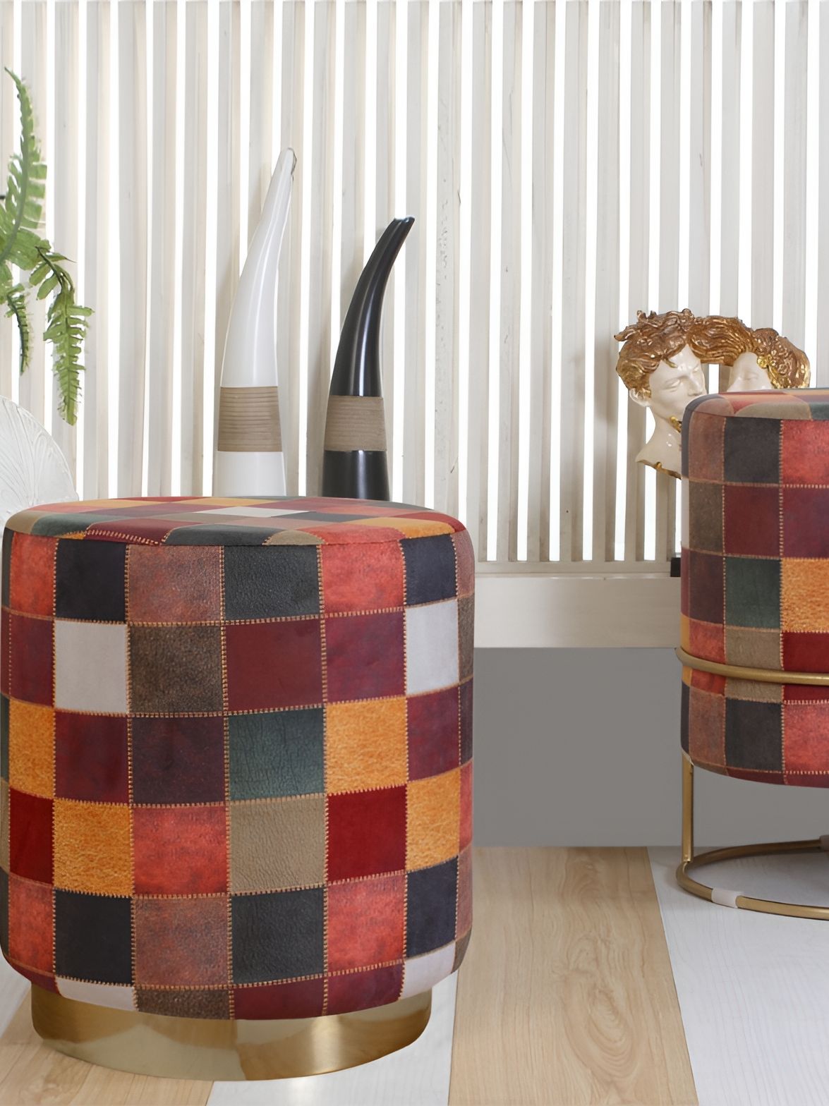Shadowkart Brown & Blue Abstract Printed Wooden Cylindrical Ottoman-picture-19