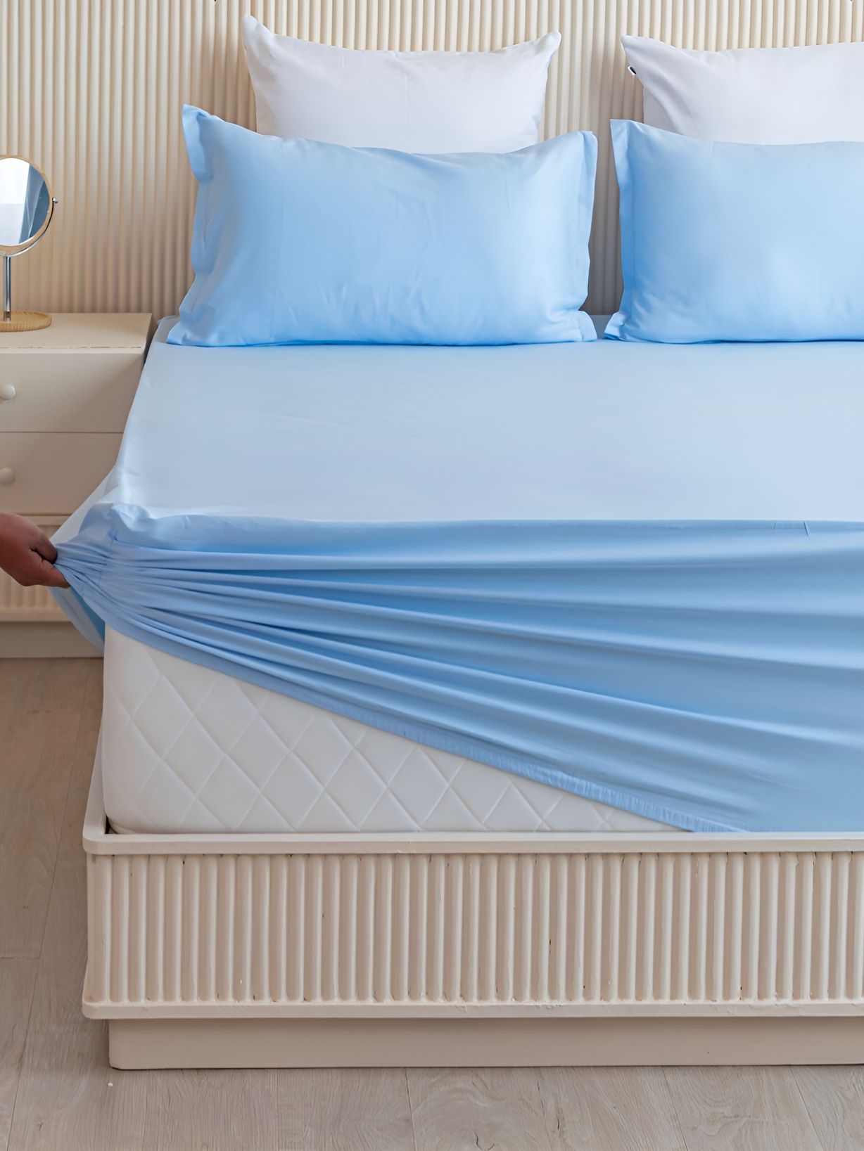 HOMEMONDE Blue 210 TC Cotton Fitted Queen Bedsheet With 2 Pillow Covers-picture-37