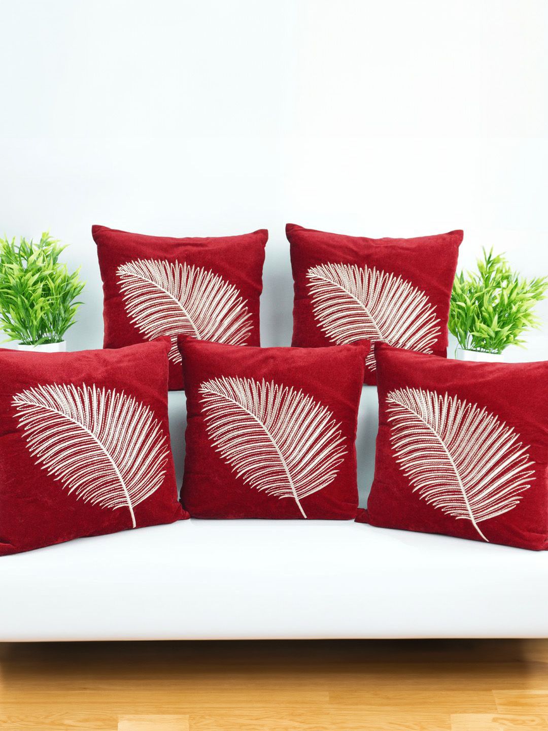 Decoghar Maroon & White 5 Pieces Floral Embroidered Square Cushion Covers-picture-17