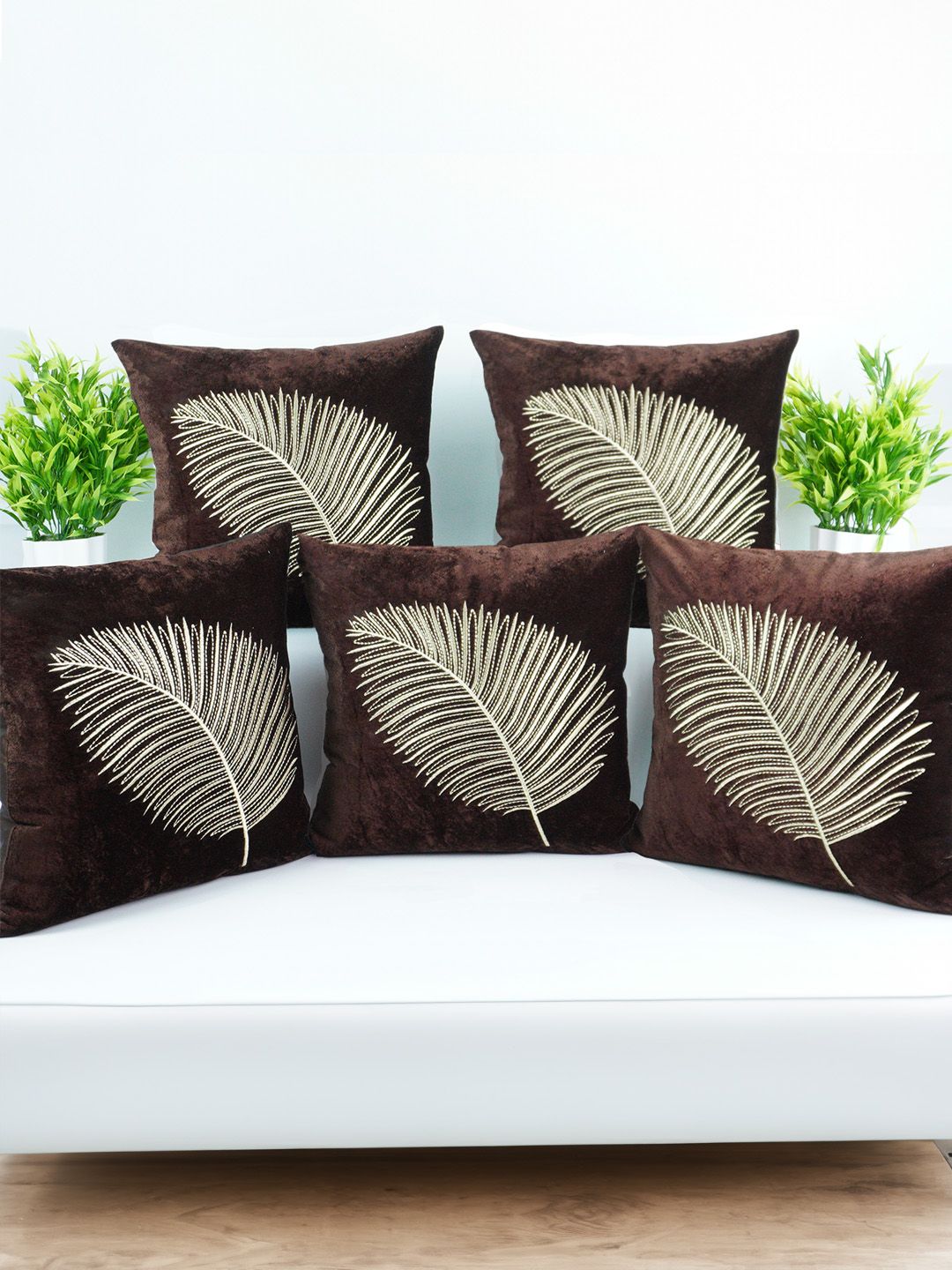 Decoghar Brown & Gold-Toned 5 Pieces Floral Embroidered Square Cushion Covers-picture-48