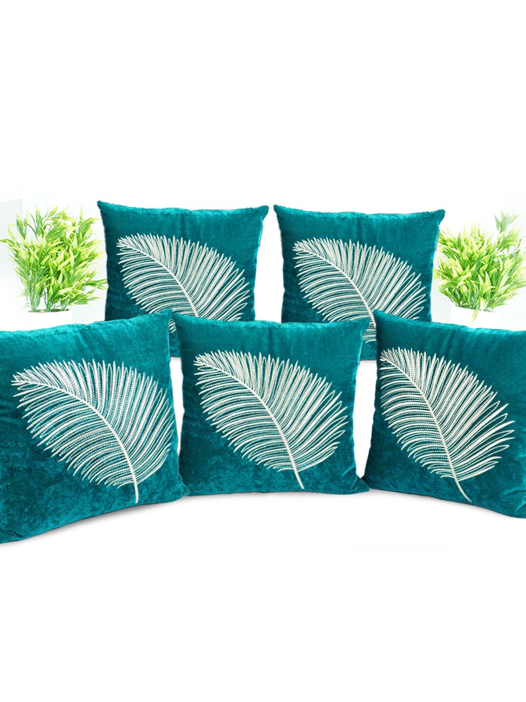 Decoghar Turquoise Blue & White 5 Pieces Embroidered Square Cushion Covers-picture-58