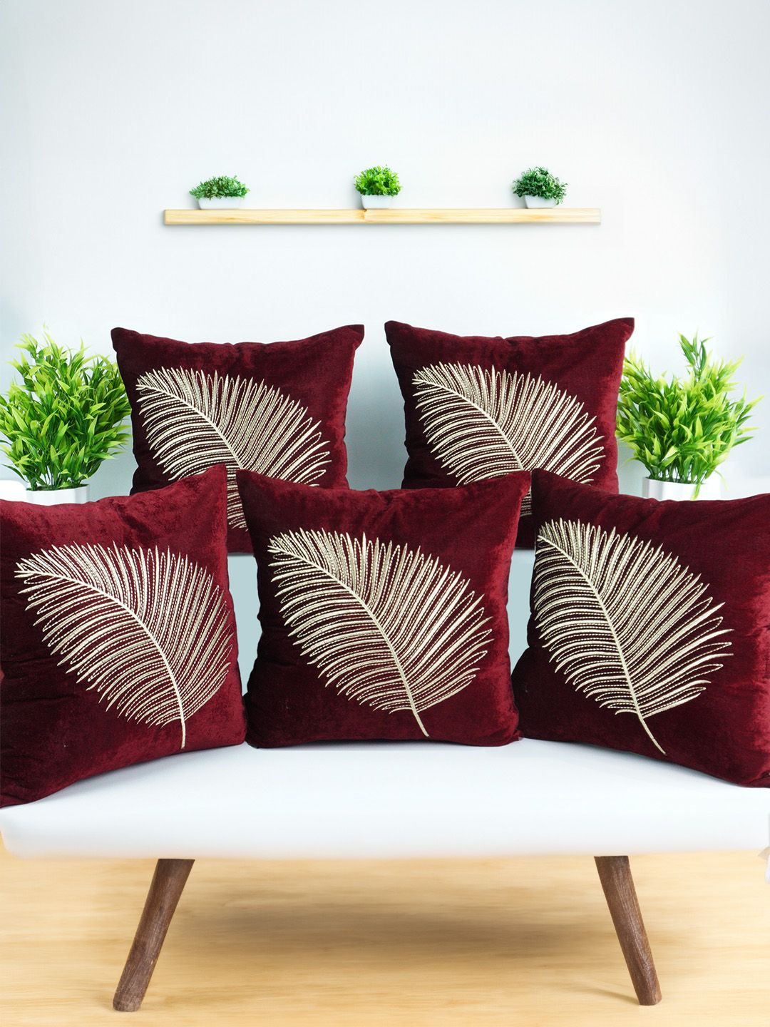 Decoghar Burgundy & Gold-Toned 5 Pieces Floral Square Cushion Covers-picture-41
