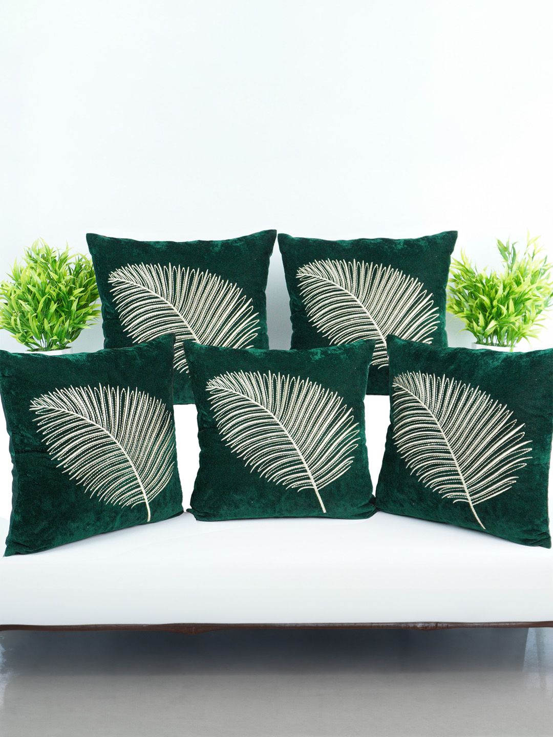 Decoghar Green & White 5 Pieces Floral Embroidered Square Cushion Covers-picture-52