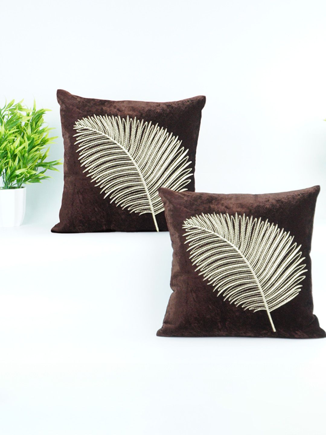 Decoghar Brown & Gold Toned 2 Pieces Embroidered Floral Square Cushion Covers-picture-19