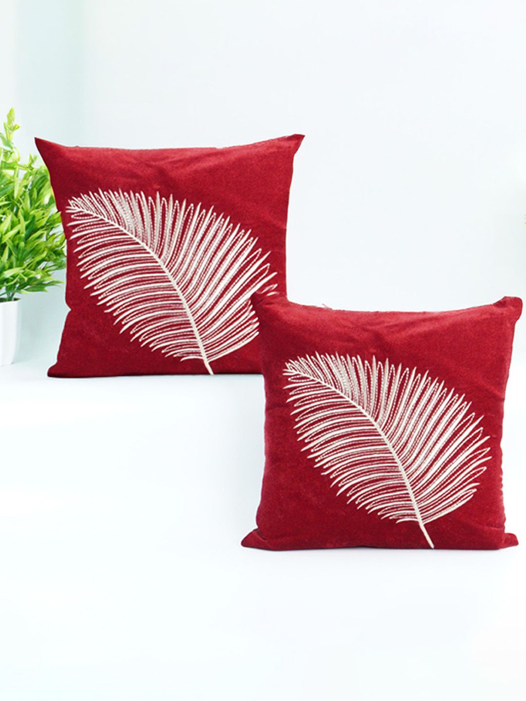 Decoghar Maroon & Gold-Toned 2 Pieces Floral Embroidered Square Cushion Covers-image-29