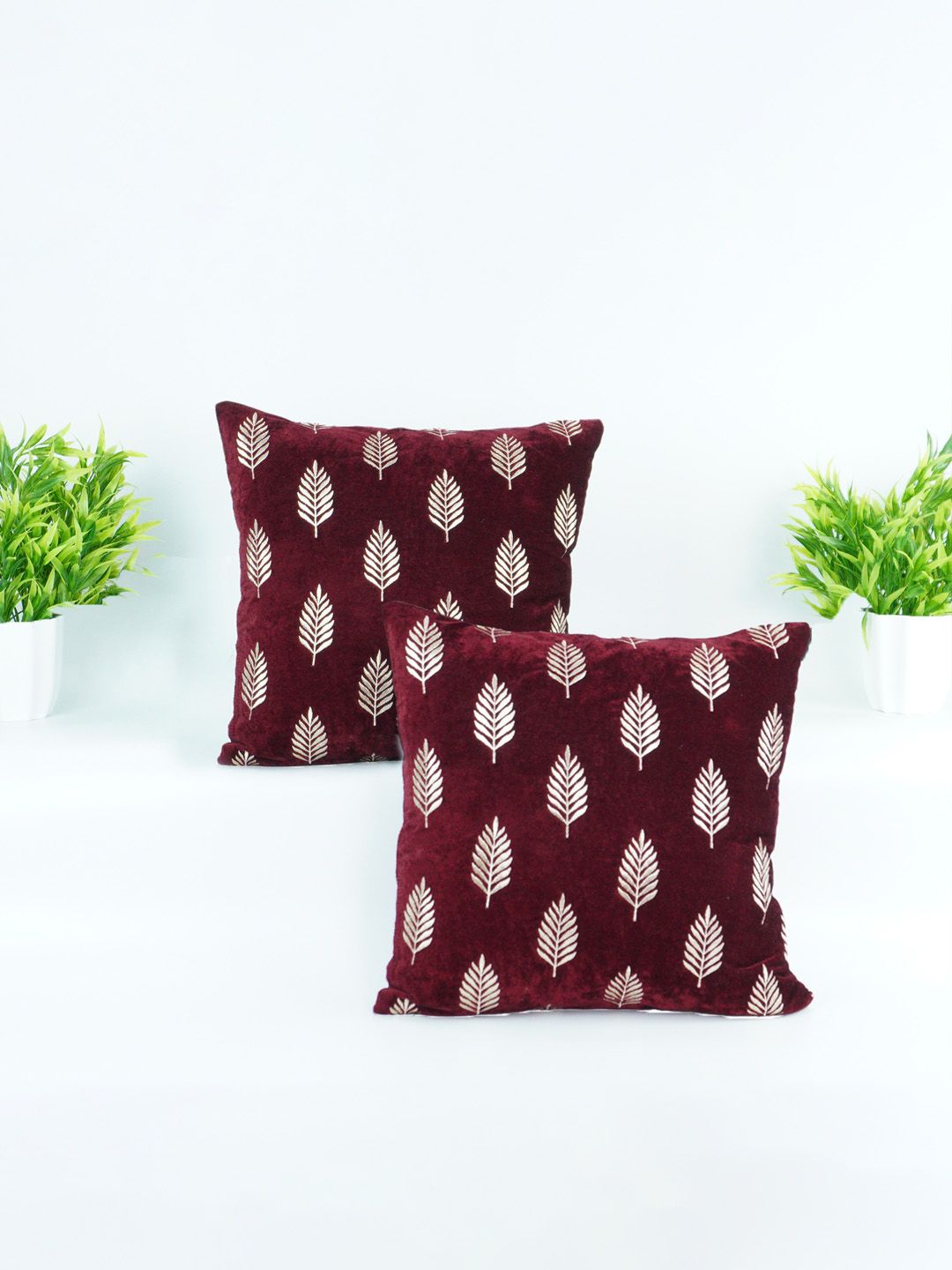 Decoghar Burgundy 2 Pieces Embroidered Square Cushion Covers-image-22