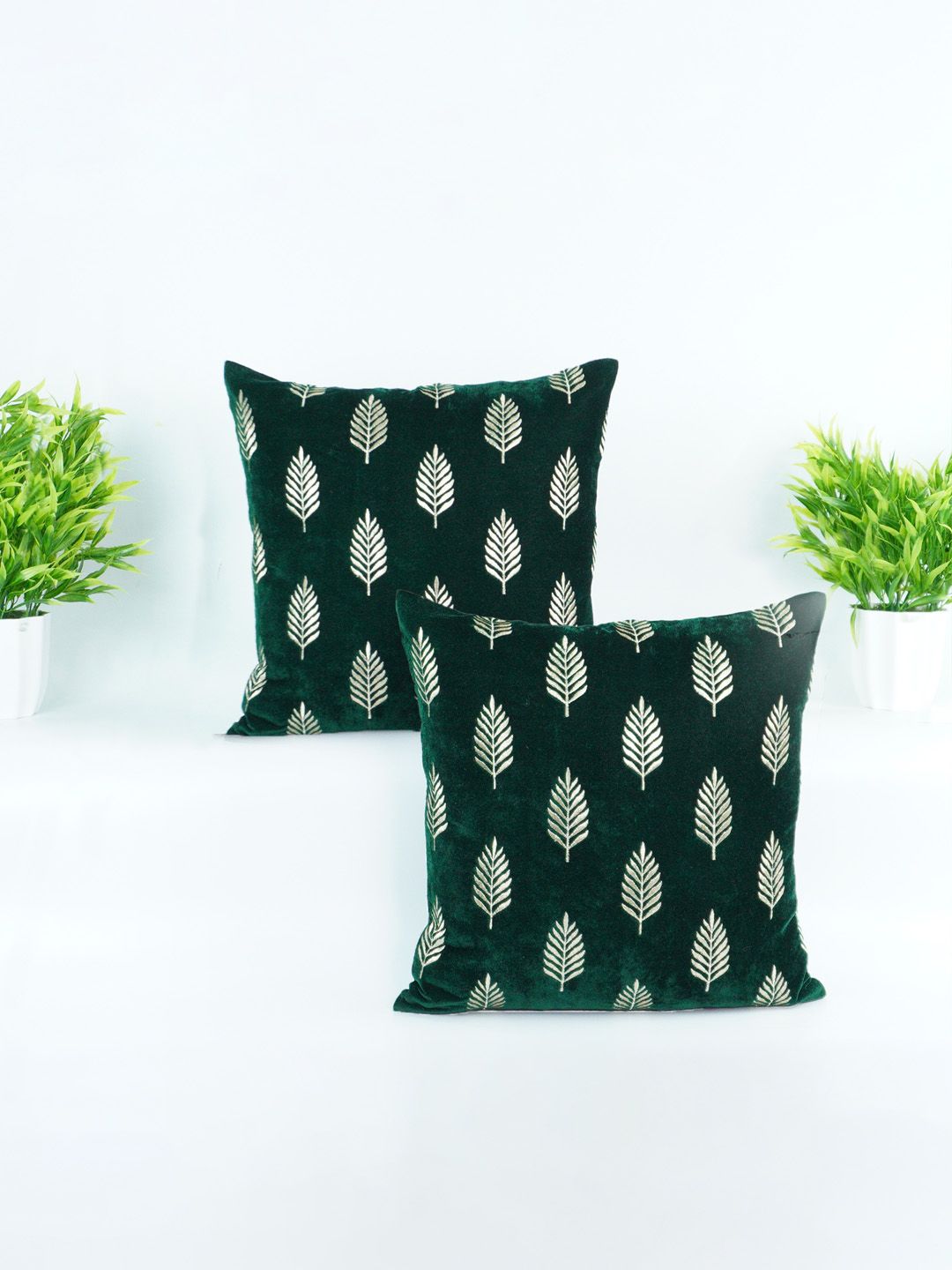 Decoghar Green & White 2 Pieces Embroidered Square Cushion Covers-image-30