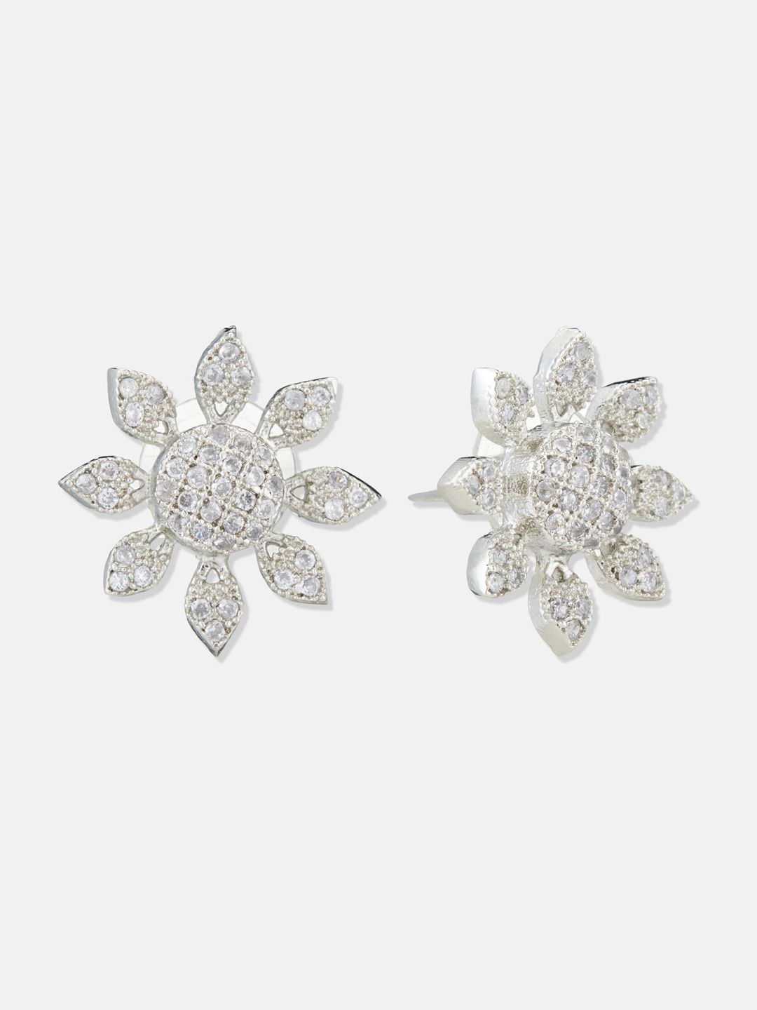 ATIBELLE Silver-Plated CZ Stone Studded Contemporary Studs Earrings