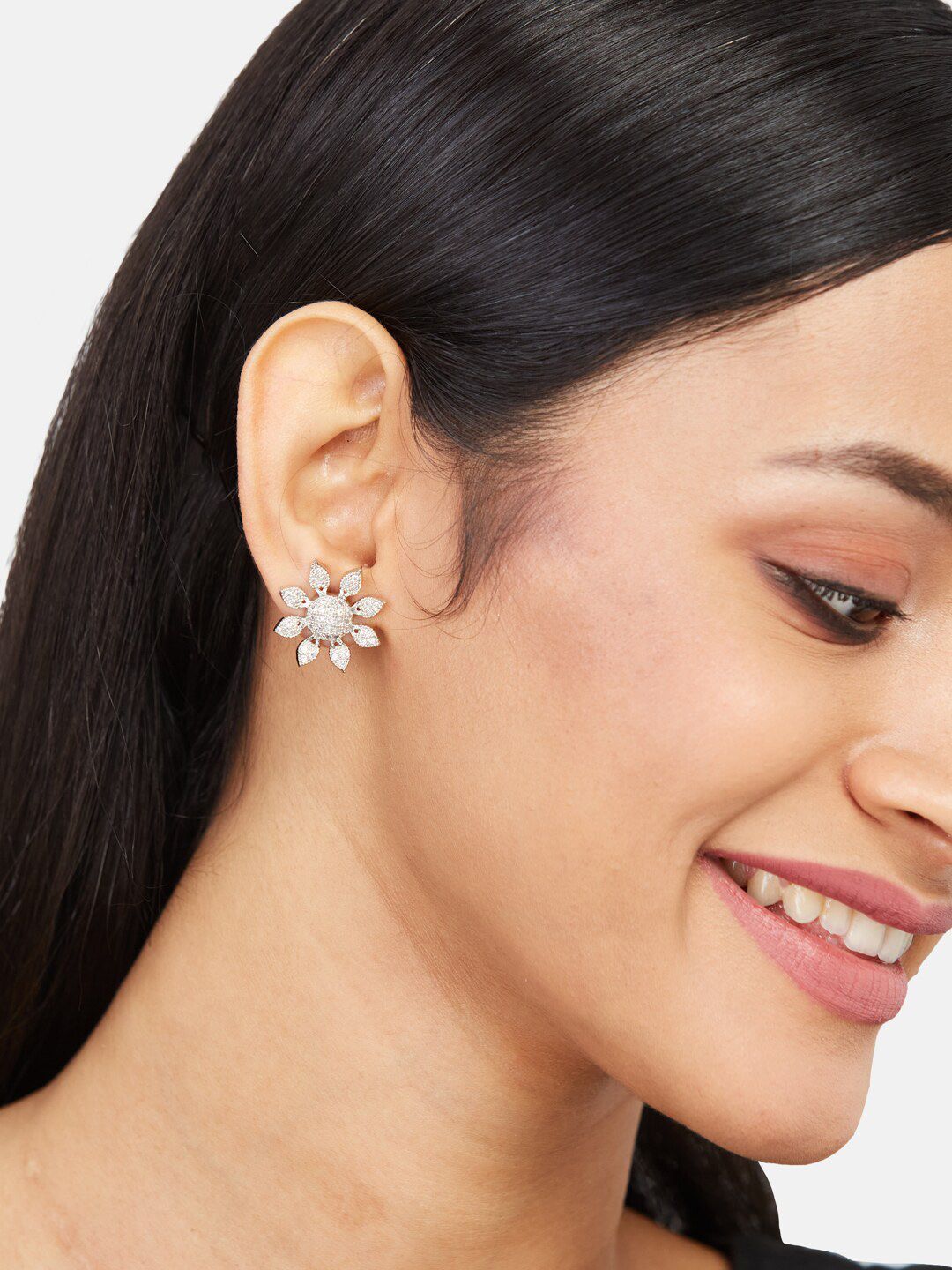ATIBELLE Silver-Plated CZ Stone Studded Contemporary Studs Earrings
