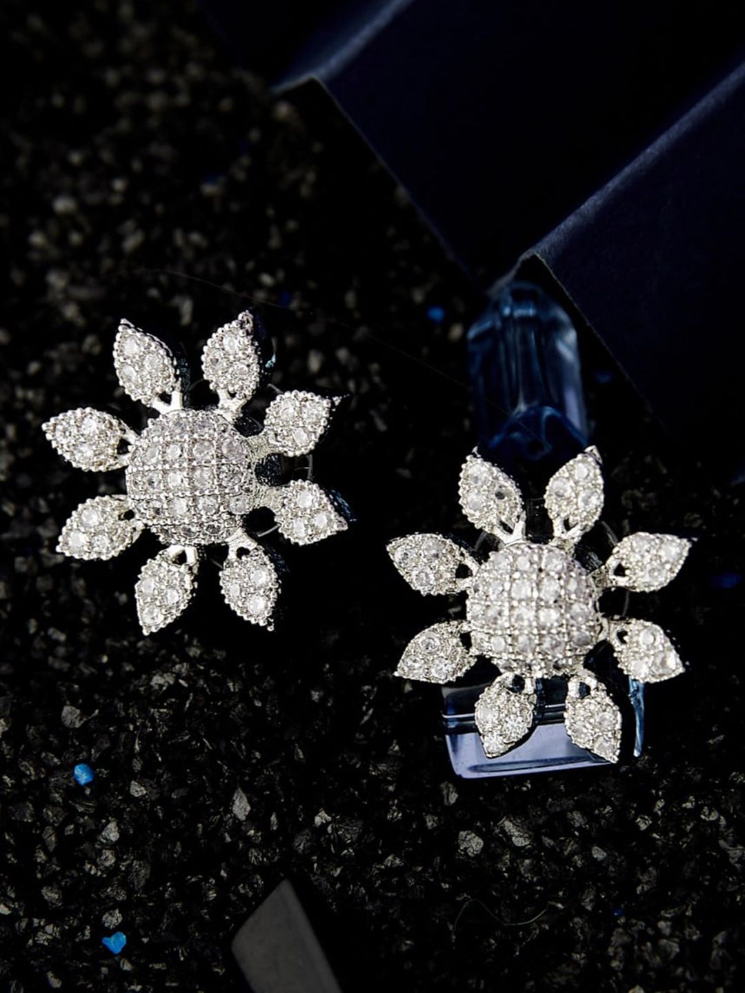 ATIBELLE Silver-Plated CZ Stone Studded Contemporary Studs Earrings
