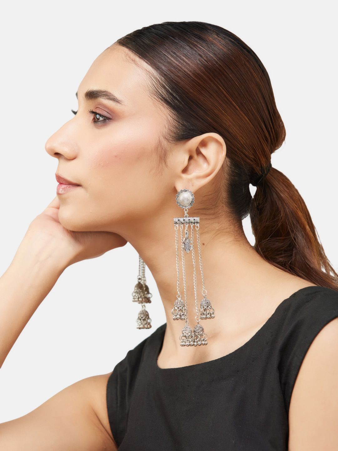 ATIBELLE German Silver-Plated Beaded Oxidised Floral Jhumkas