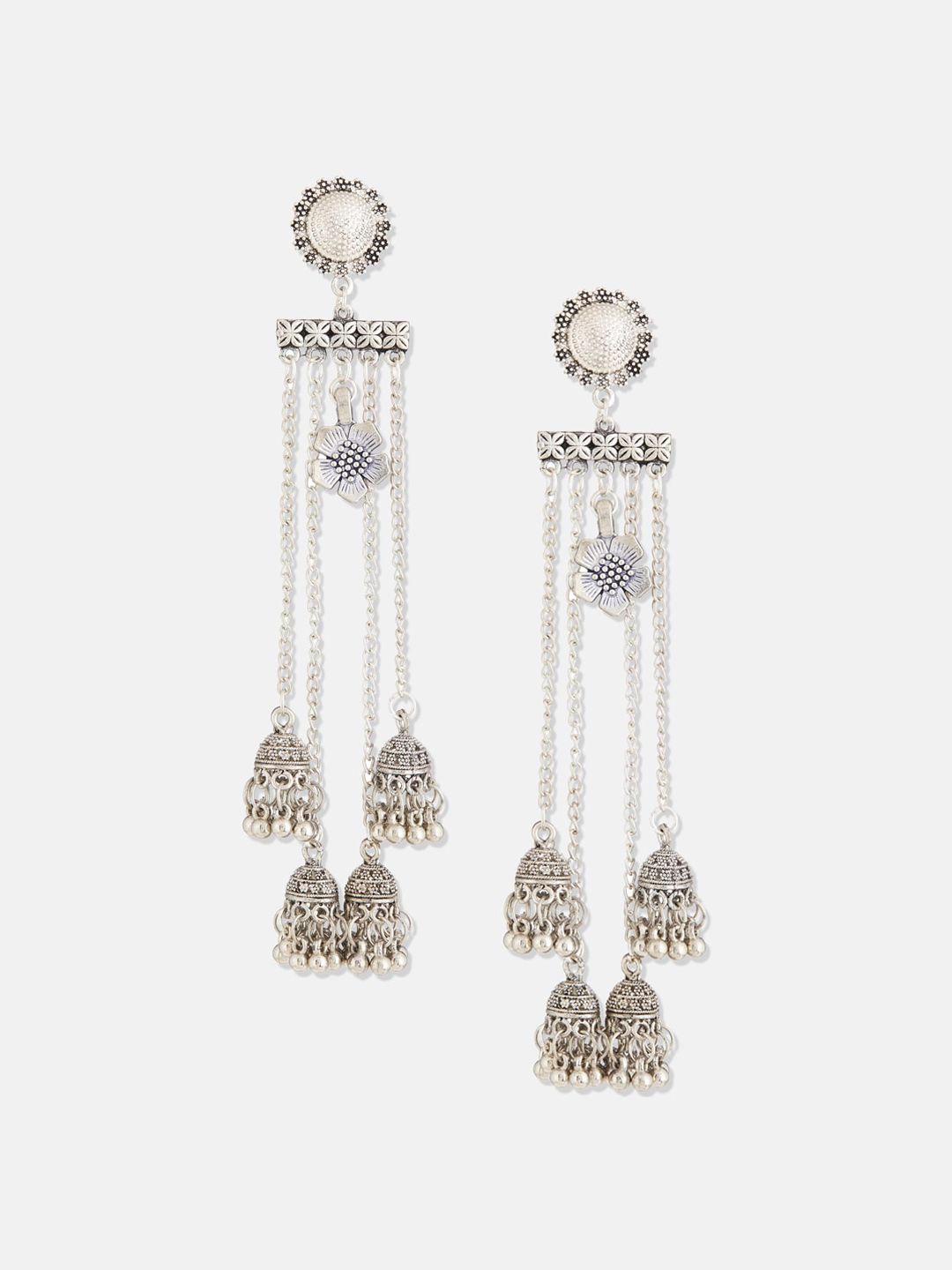 ATIBELLE German Silver-Plated Beaded Oxidised Floral Jhumkas