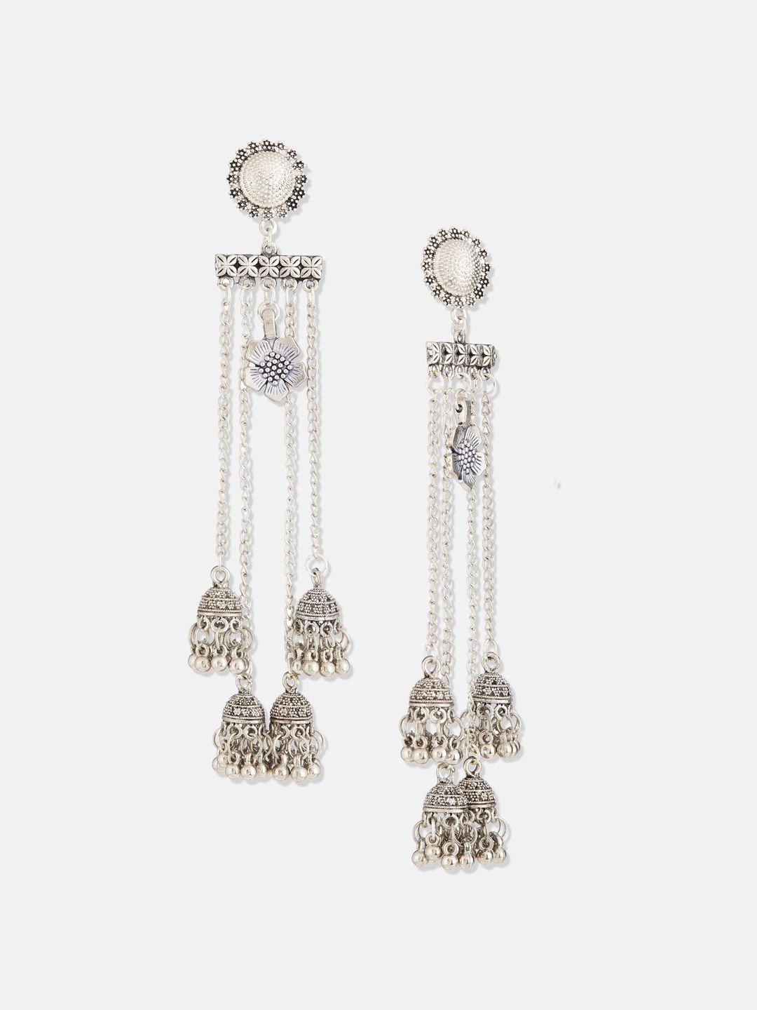 ATIBELLE German Silver-Plated Beaded Oxidised Floral Jhumkas