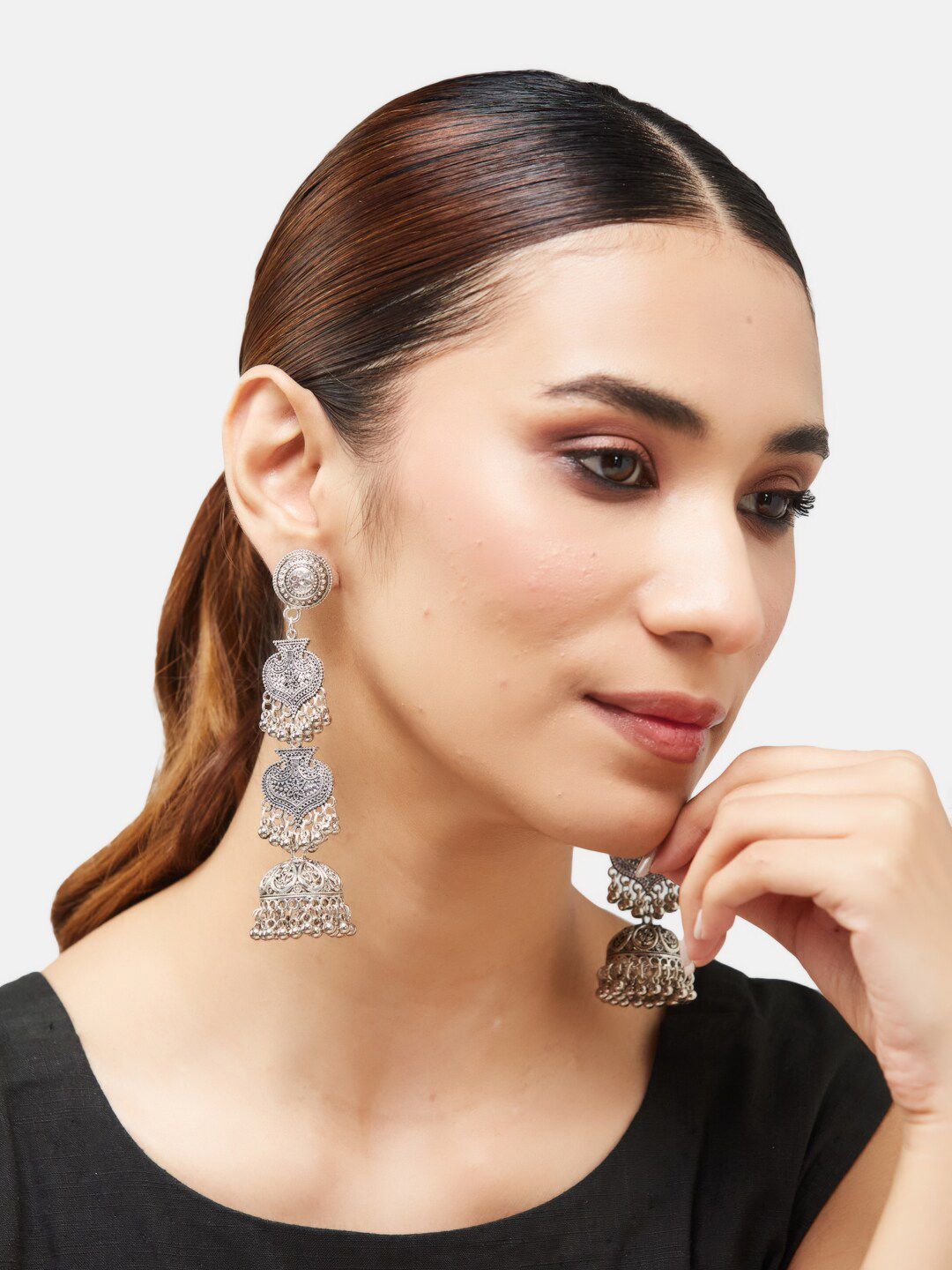 ATIBELLE German Silver-Plated Beaded Oxidised Classic Jhumkas