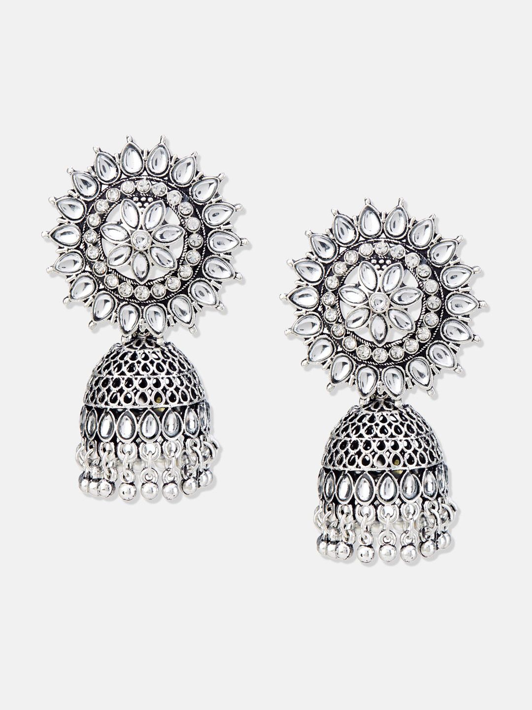 ATIBELLE German Silver Silver-Plated Kundan Classic Jhumkas